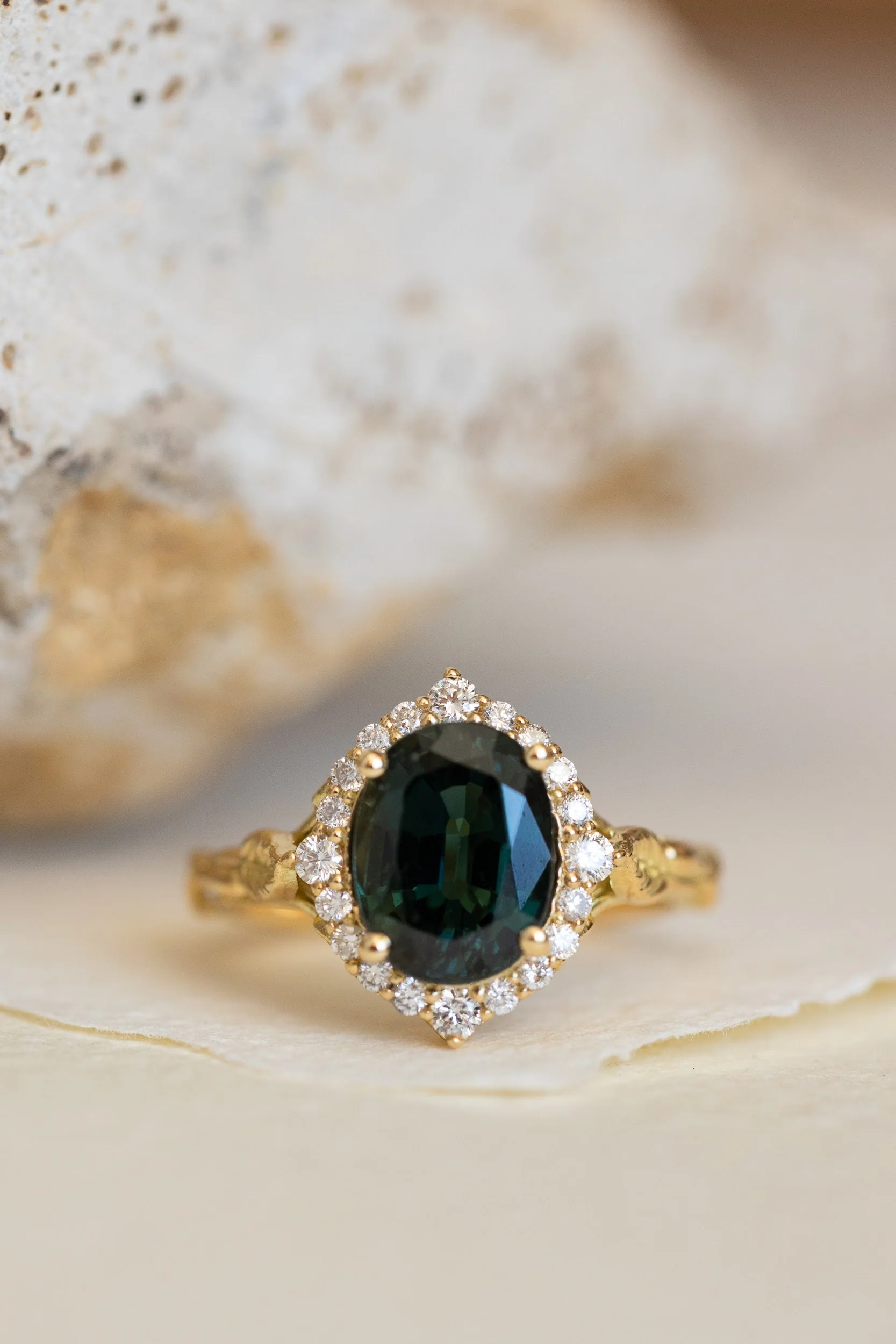 Dark teal genuine sapphire engagement ring set, diamond halo bridal ring set / Florentina - Image 6