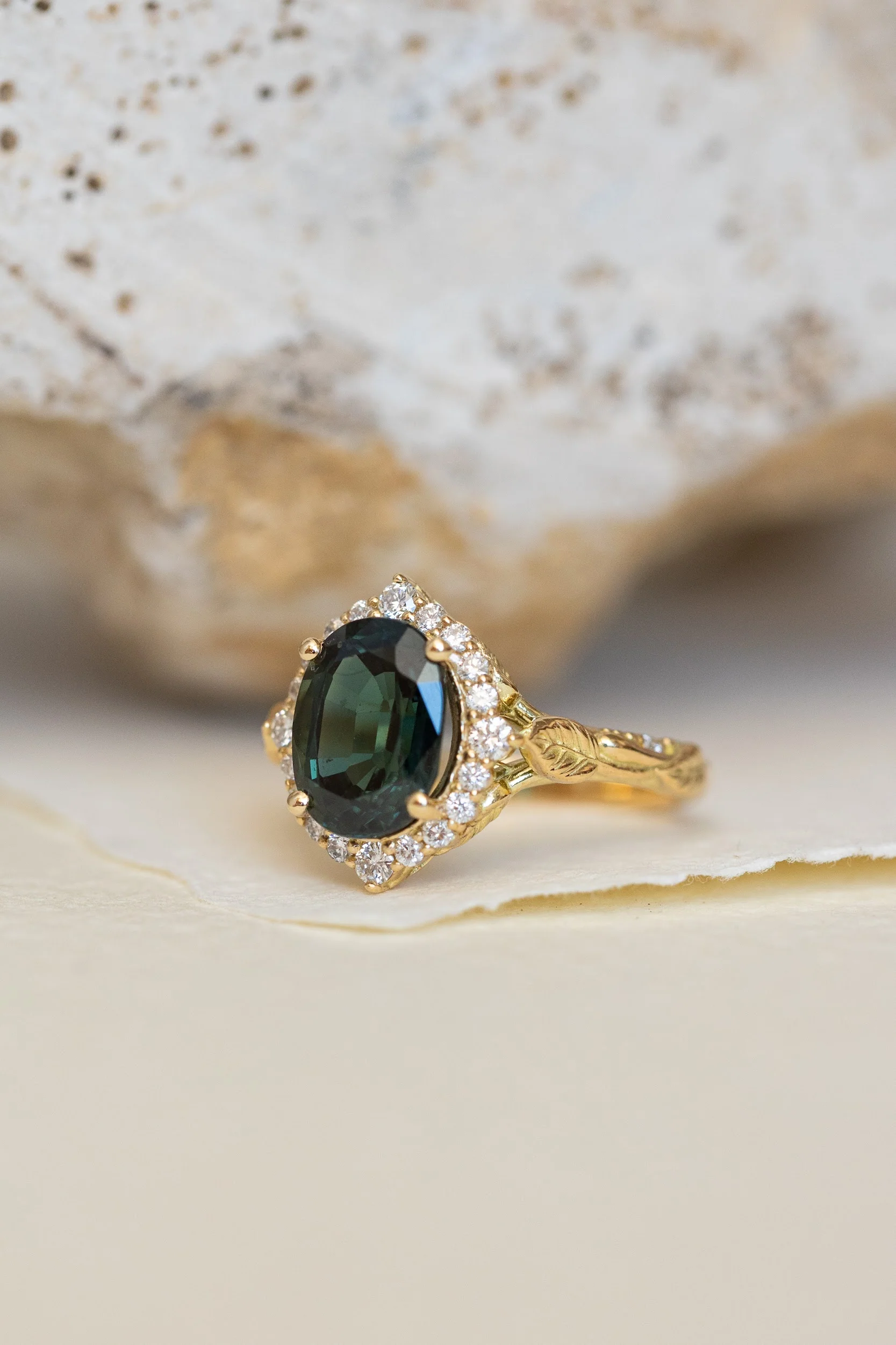Dark teal genuine sapphire engagement ring set, diamond halo bridal ring set / Florentina - Image 7