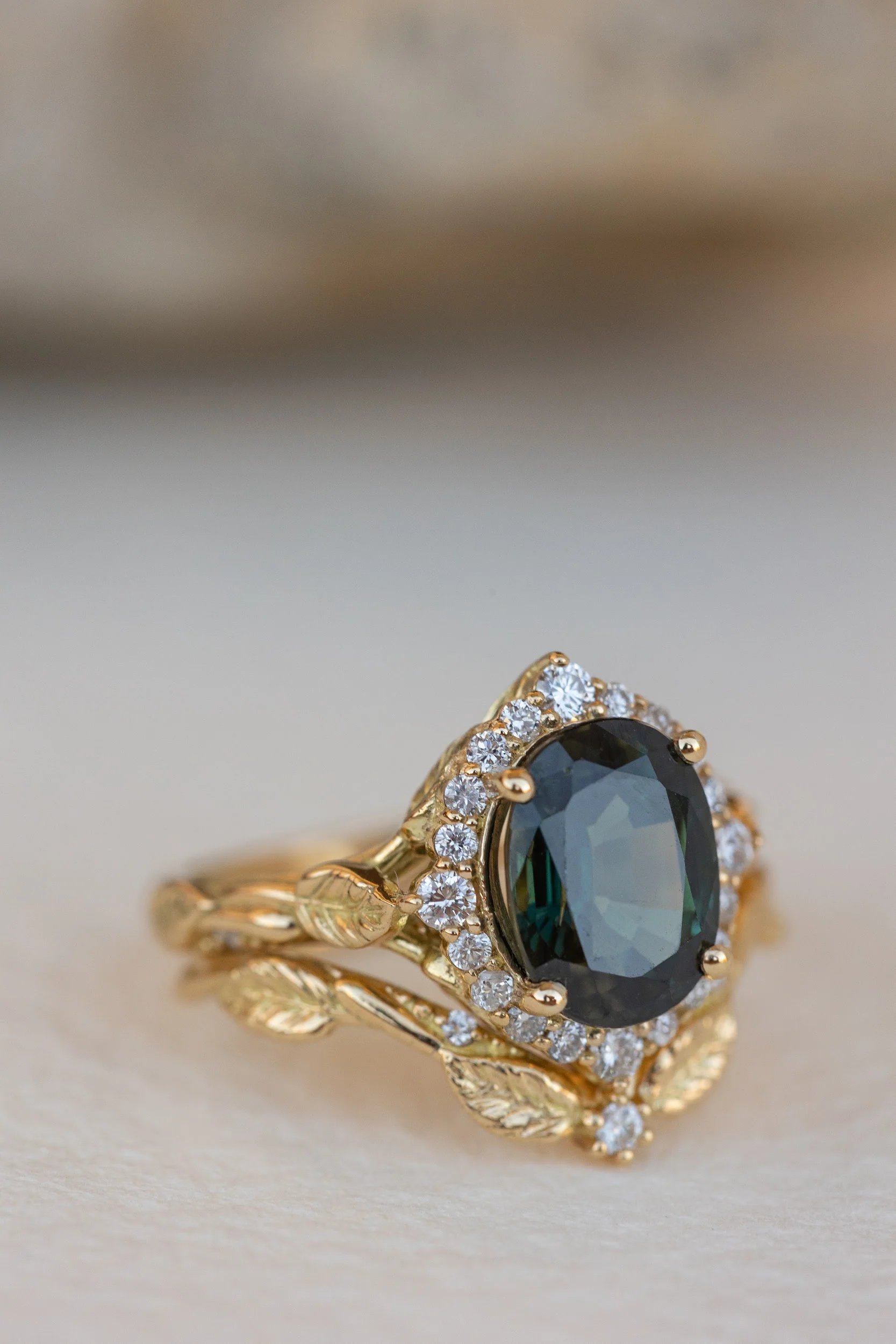 Dark teal genuine sapphire engagement ring set, diamond halo bridal ring set / Florentina - Image 8