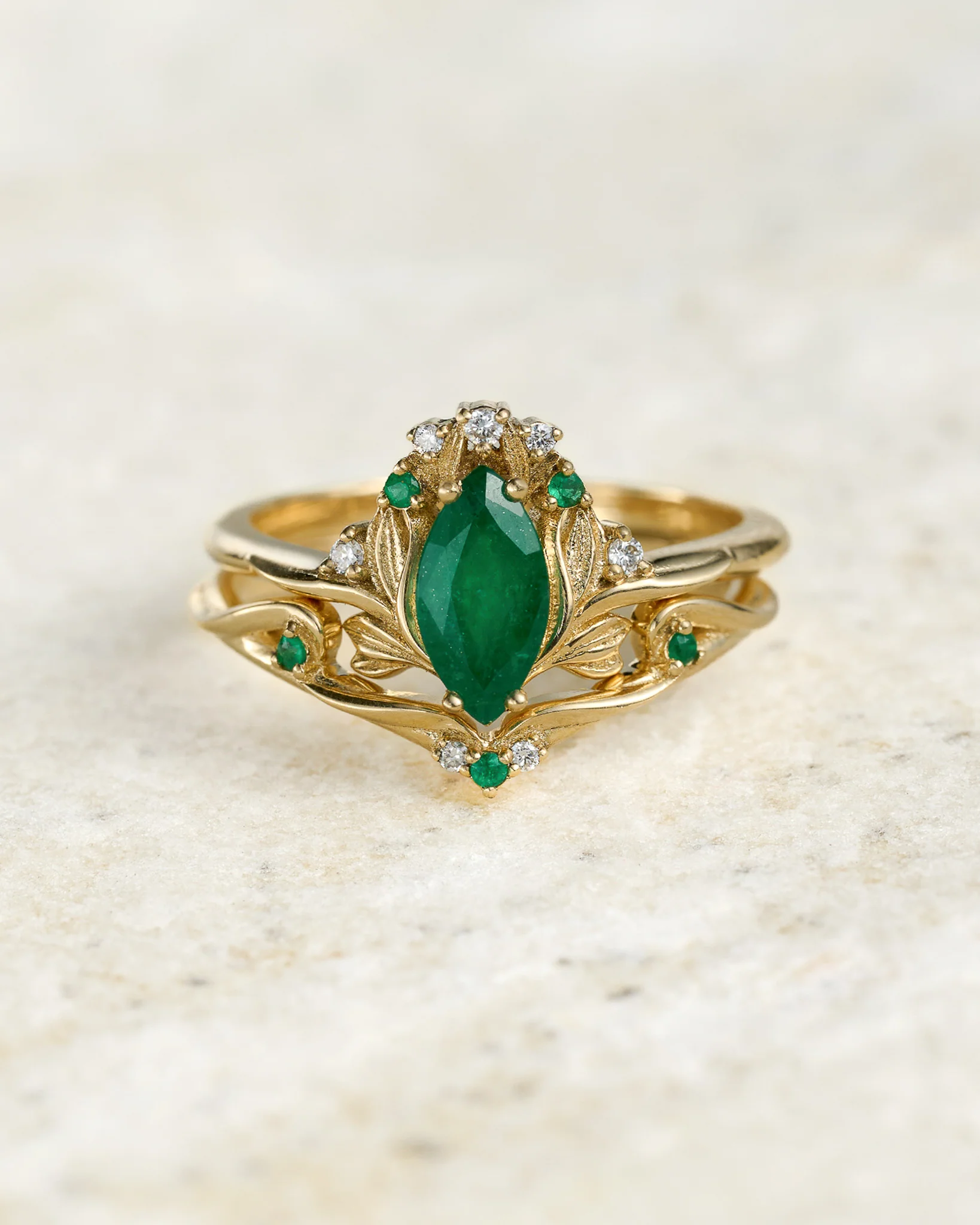 Flower design bridal set with natural emerald, accent emeralds and diamonds / Iris