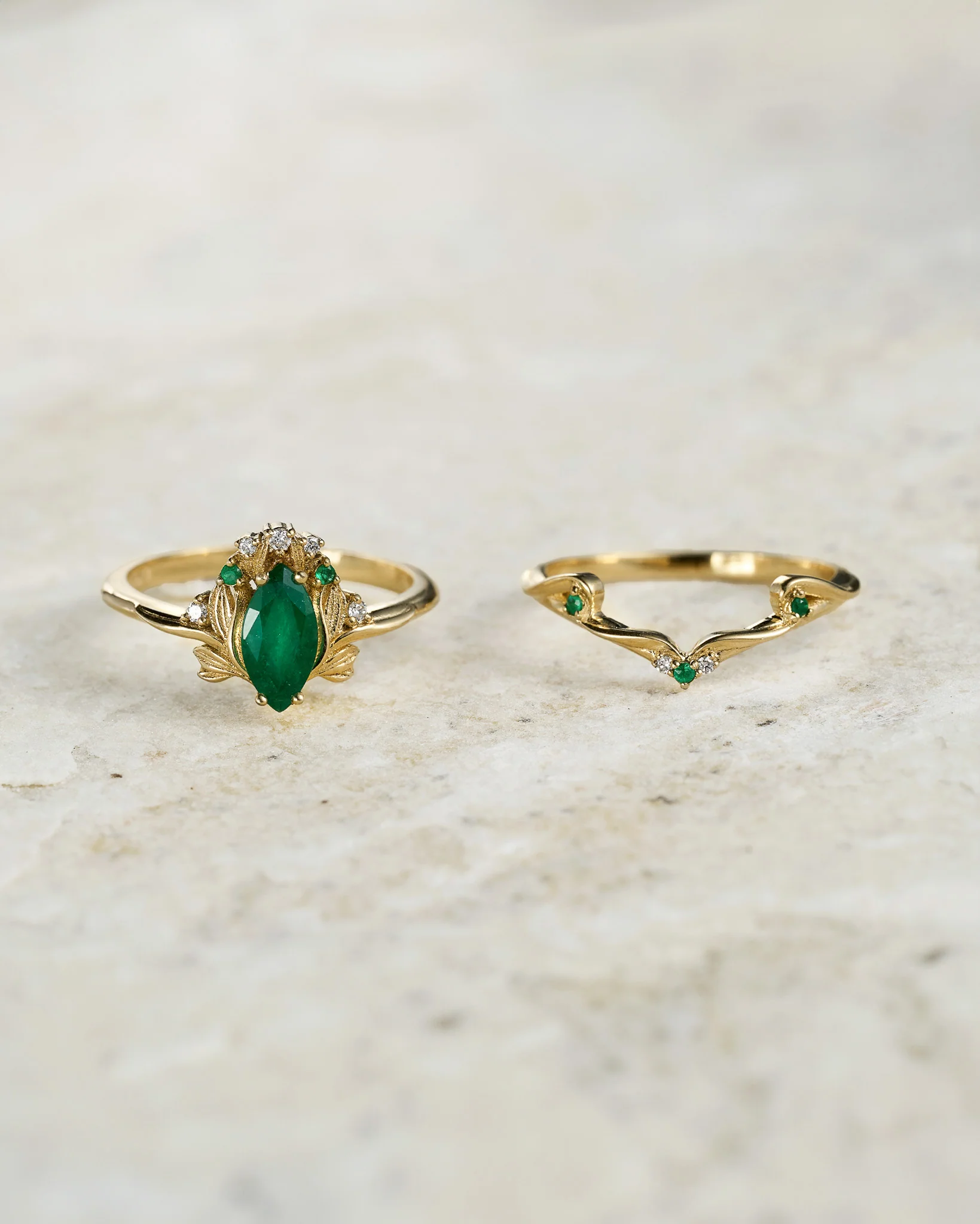 READY TO SHIP Iris bridal set in 14K yellow gold with natural emerald, accent emeralds and diamonds, AVAILABLE RING SIZES: 5.5 - 8.5 US - Image 3