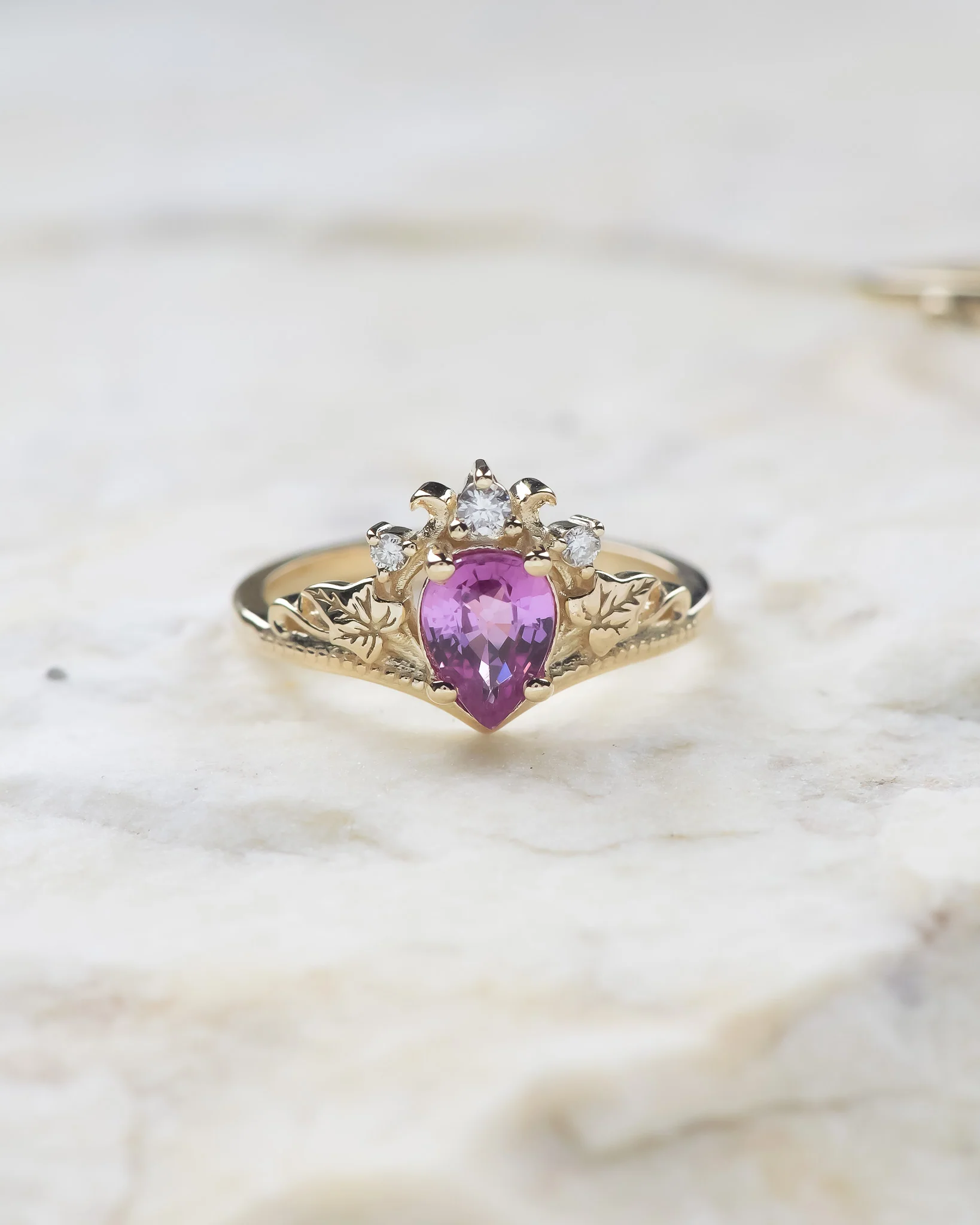 Delicate pink sapphire and golden leaves engagement ring / Ariadne - Image 8