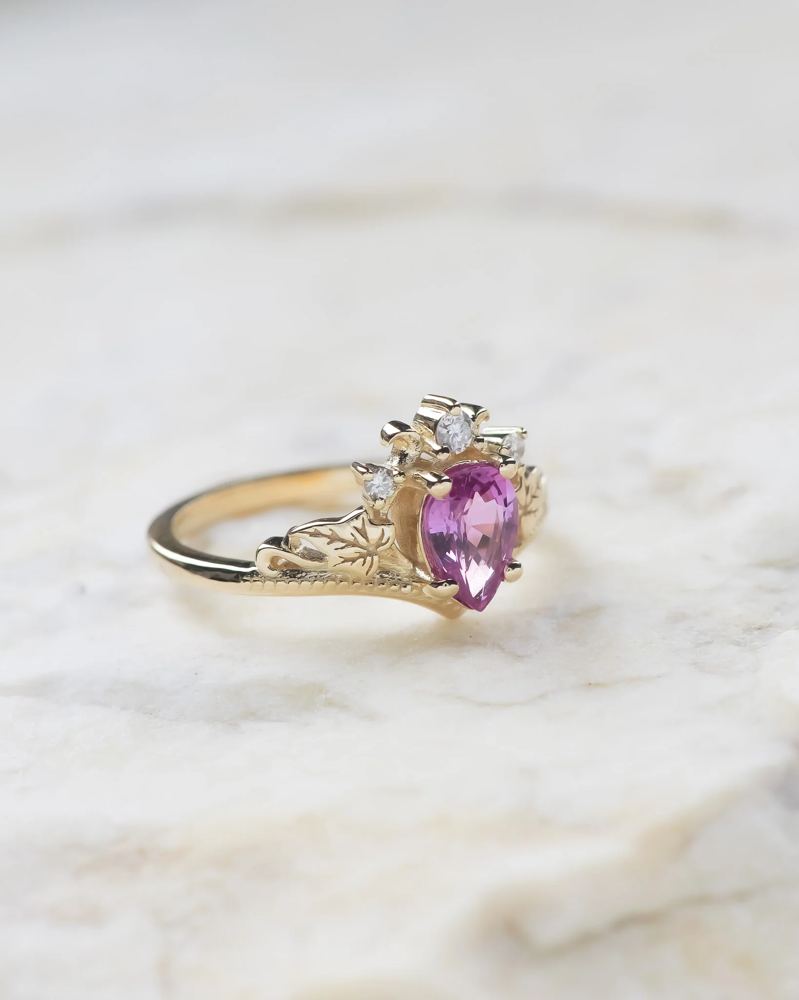 Delicate pink sapphire and golden leaves engagement ring / Ariadne - Image 9
