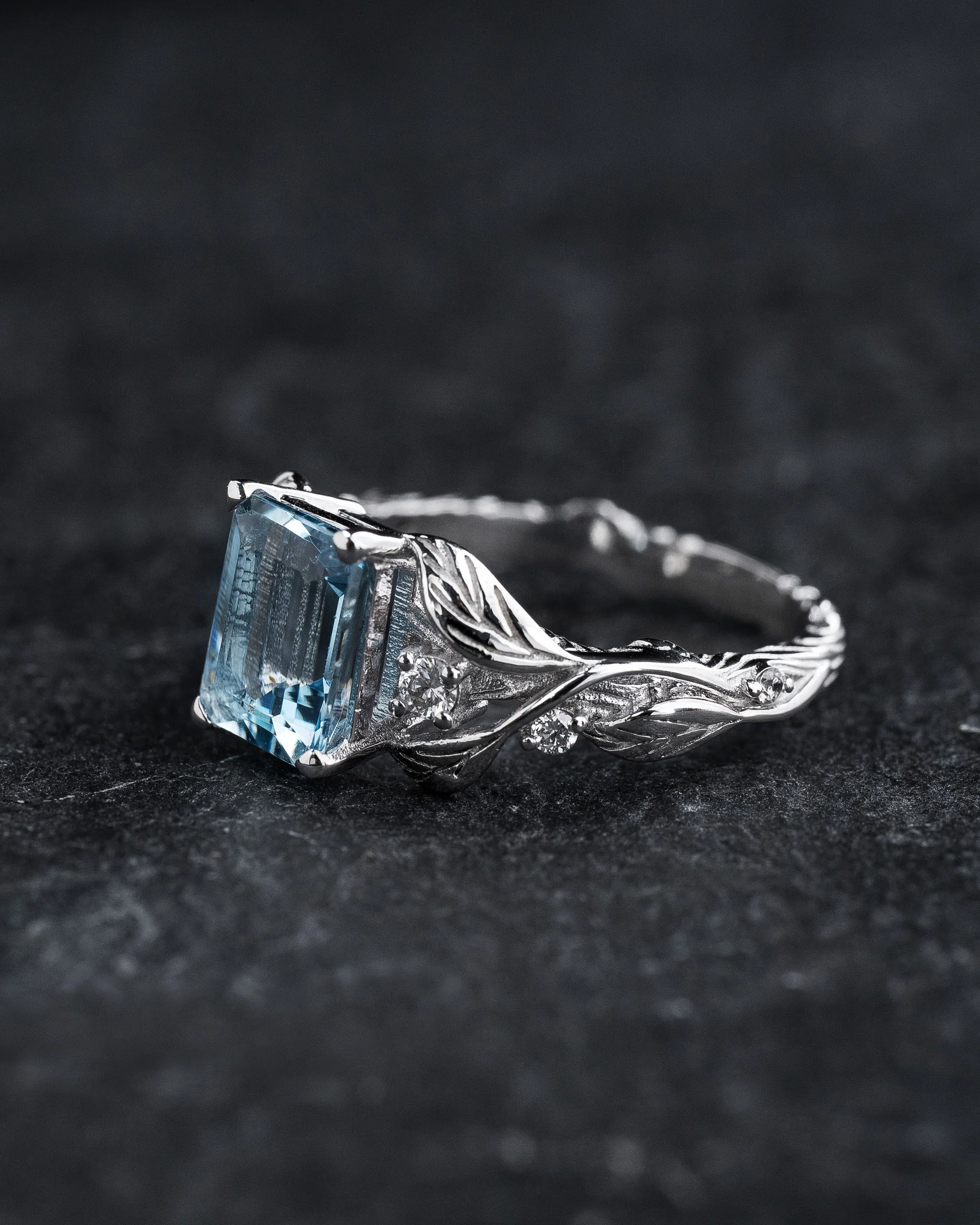 Engagement Ring with Emerald-Cut Aquamarine Framed by Leaves / Clematis - Image 2
