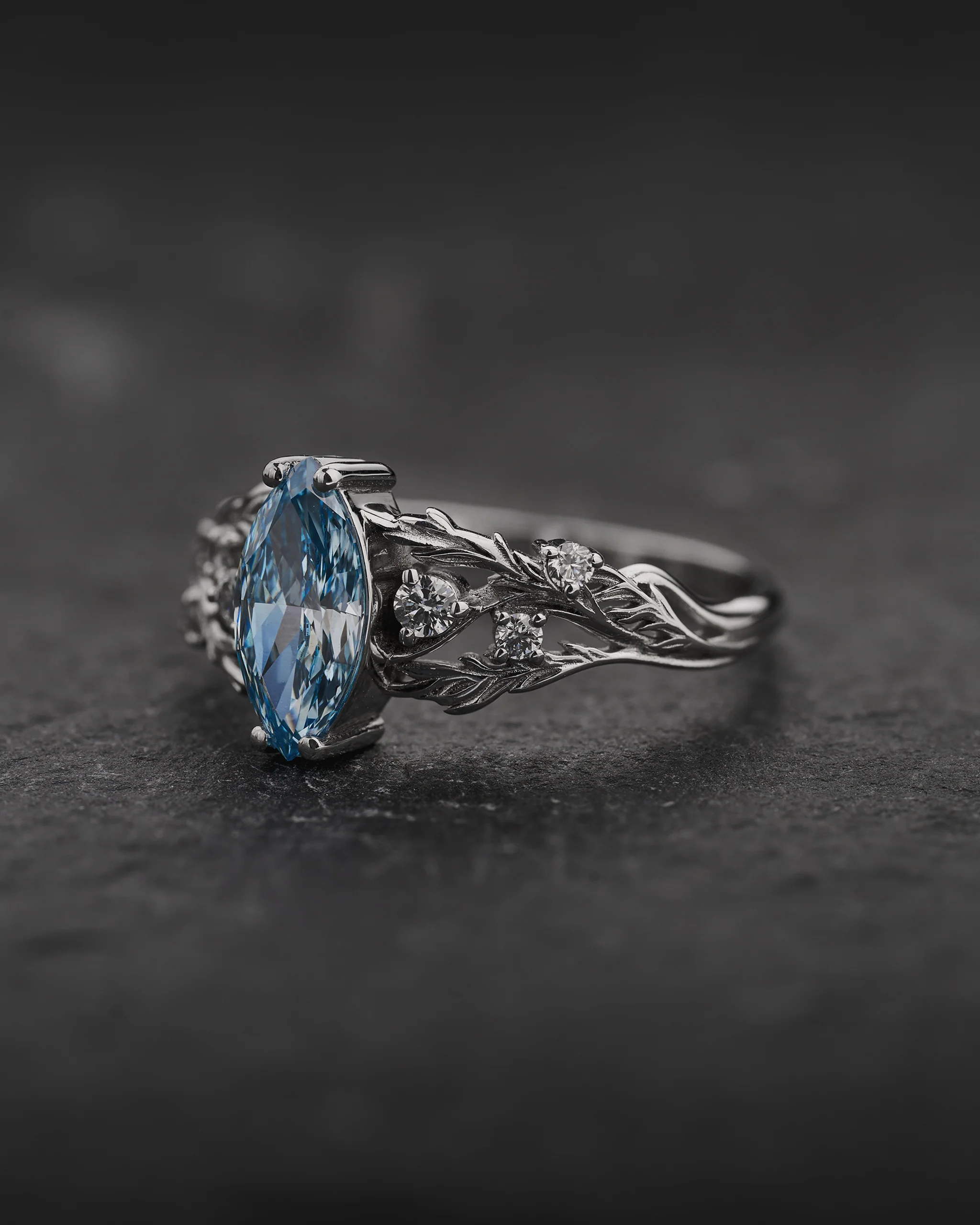 Engagement Ring with Marquise-cut Blue (Lab-grown) Diamond / Japanese Maple - Image 3