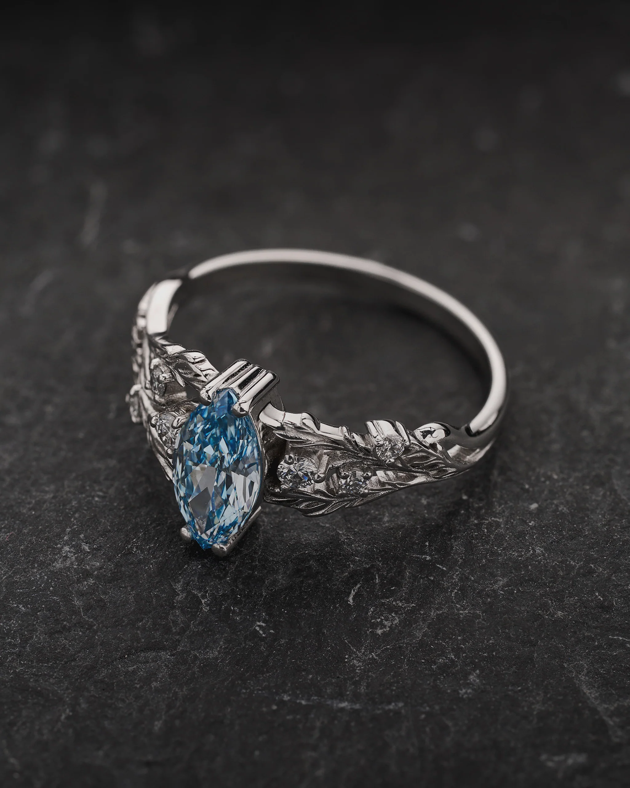 Engagement Ring with Marquise-cut Blue (Lab-grown) Diamond / Japanese Maple - Image 4