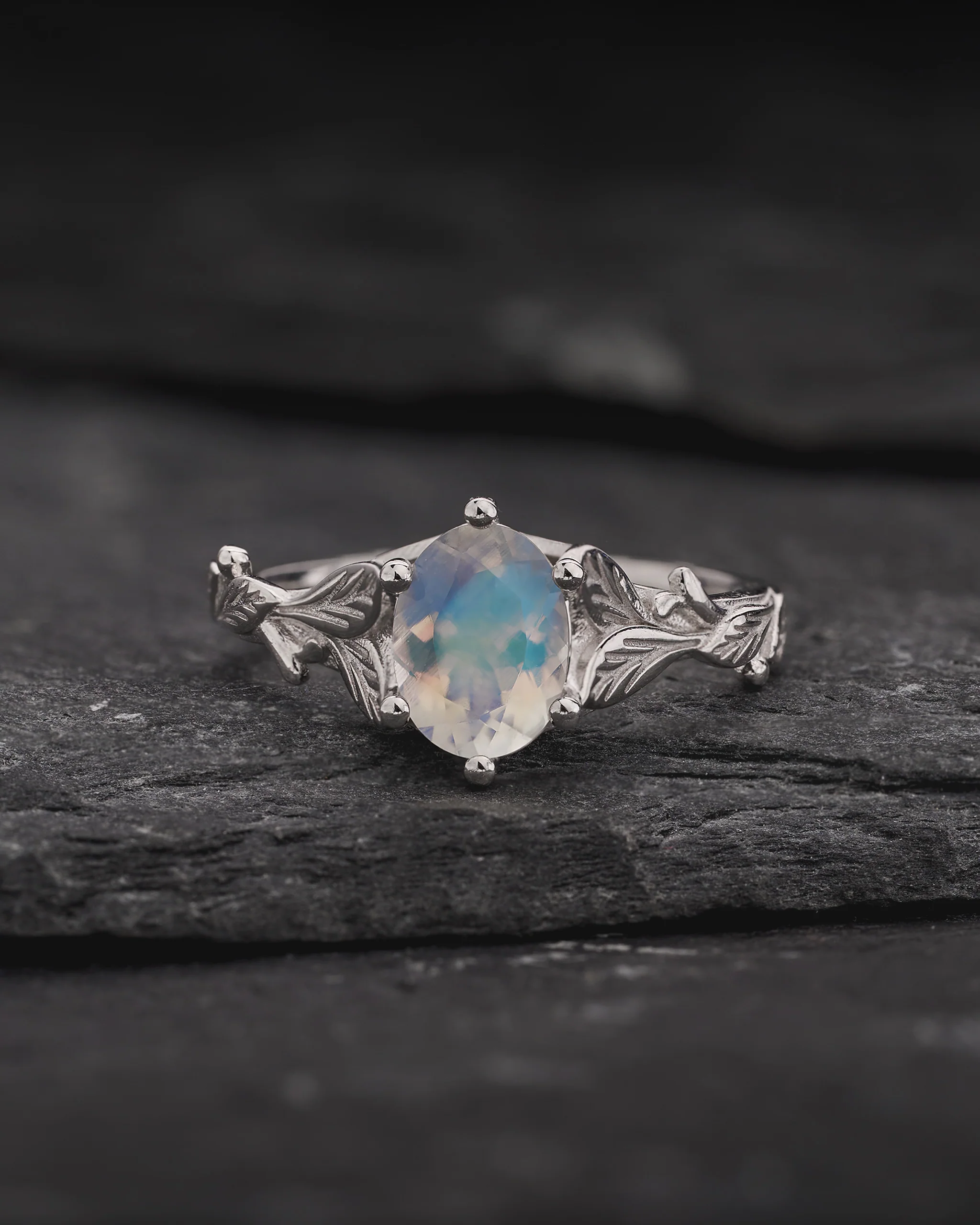 Engagement Ring with Oval Moonstone Framed by Leaves / Freesia