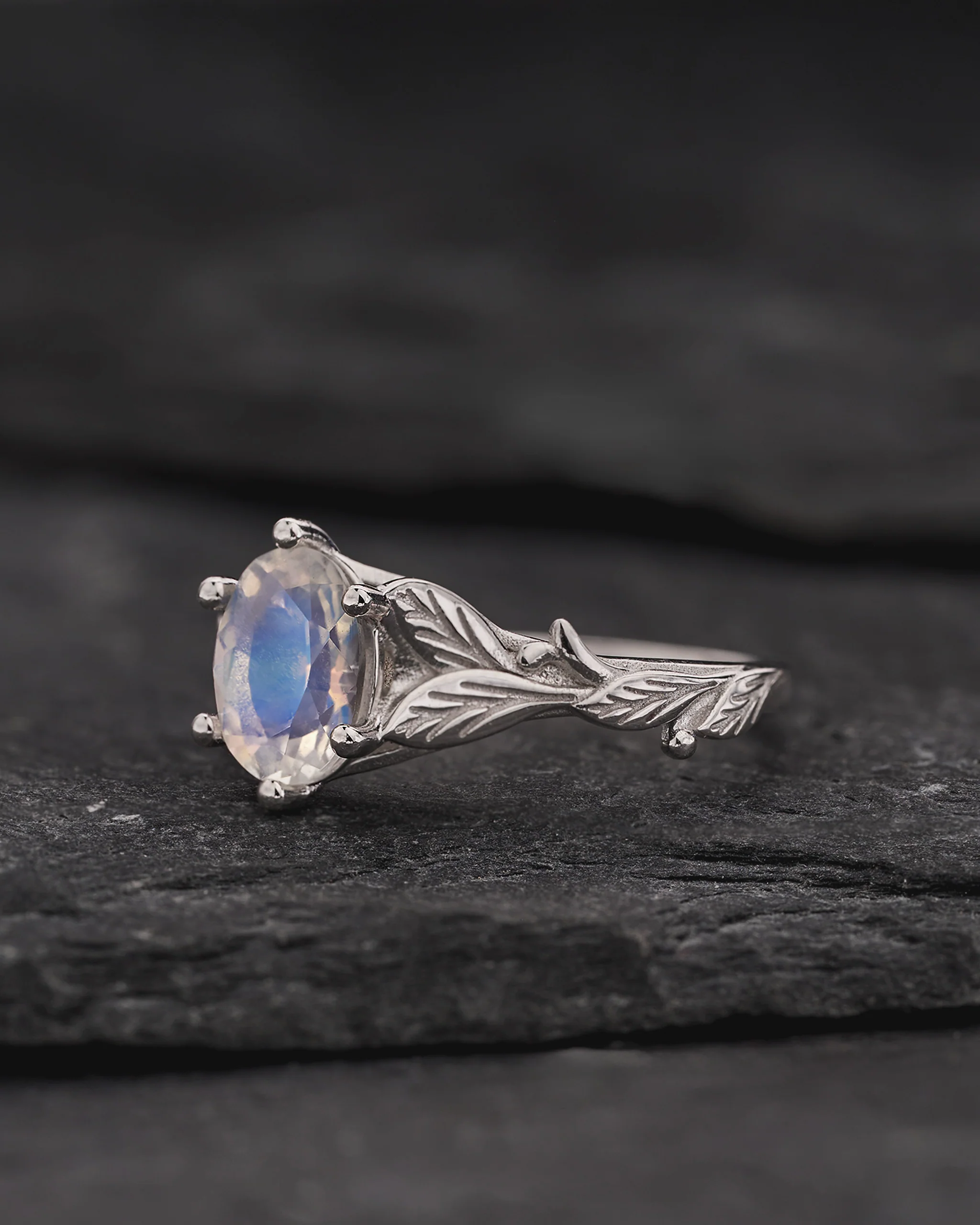 Engagement Ring with Oval Moonstone Framed by Leaves / Freesia - Image 2