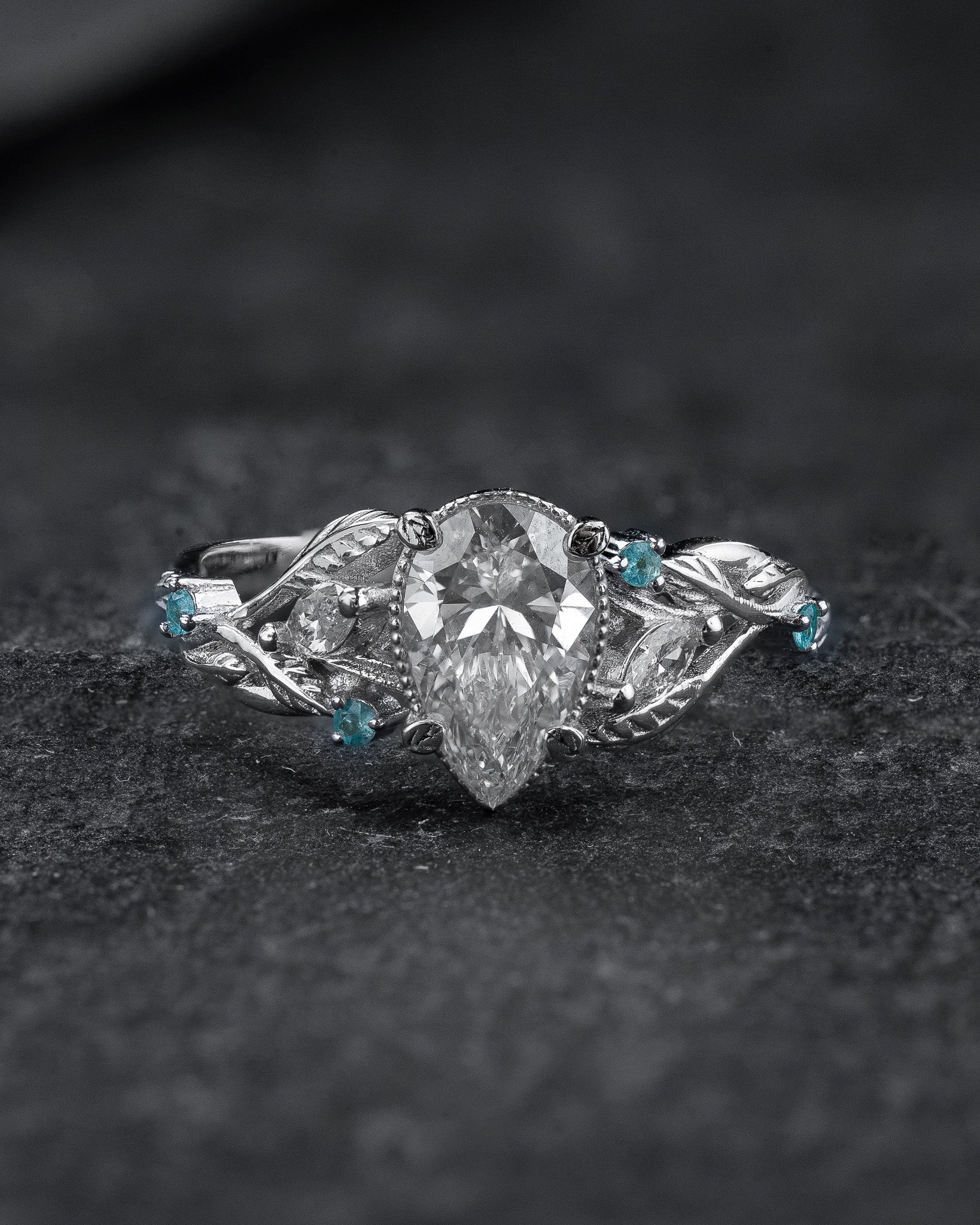 Engagement Ring with Pear-Cut Diamond & (Natural) Paraiba Tourmalines / Patricia