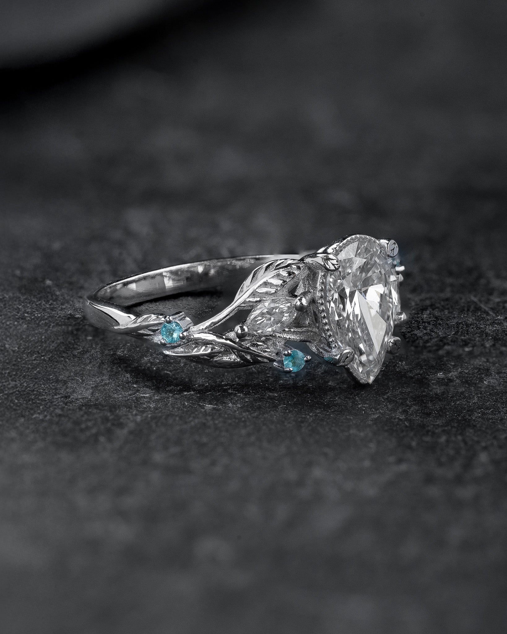 Engagement Ring with Pear-Cut Diamond & (Natural) Paraiba Tourmalines / Patricia - Image 2