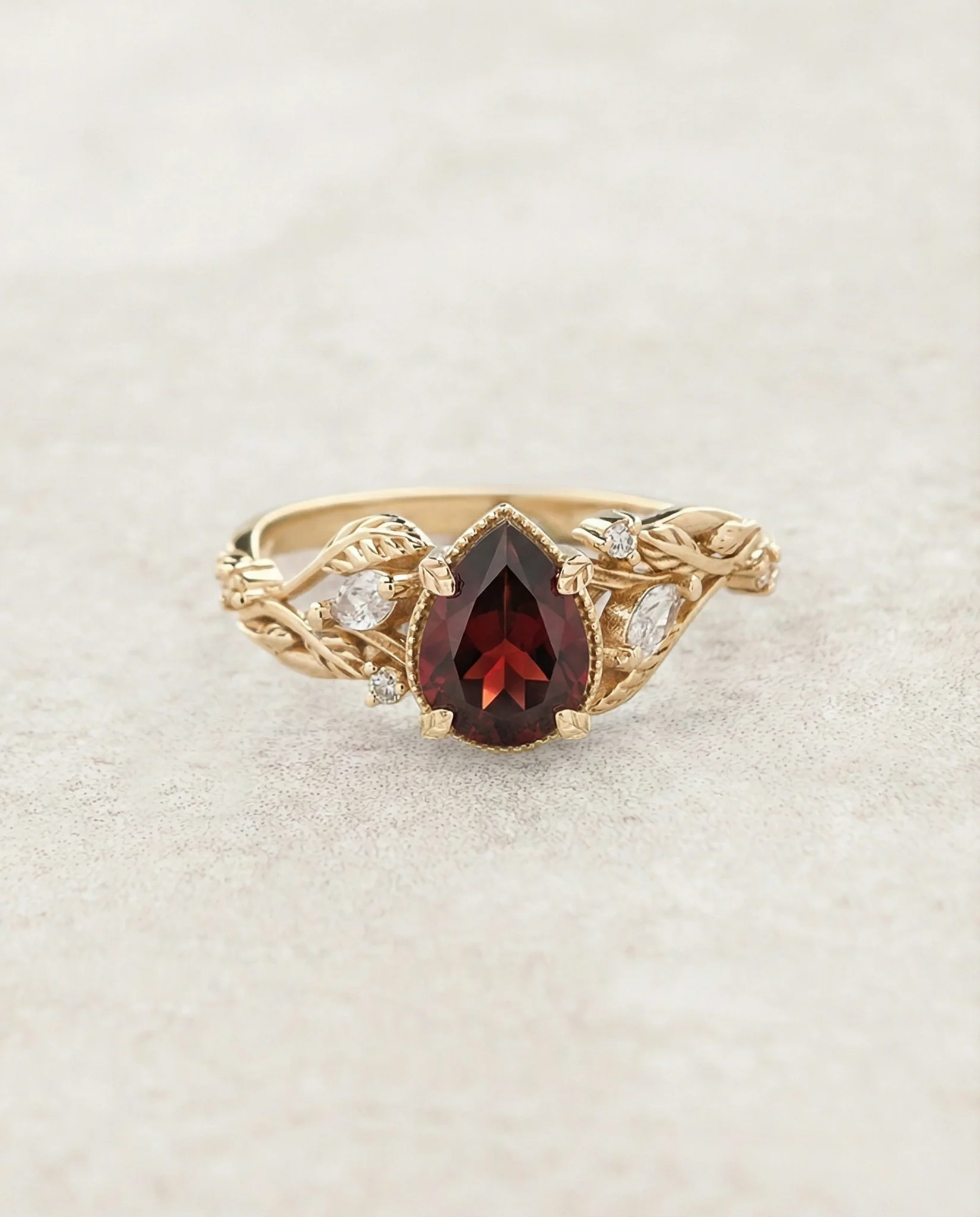 Engagement Ring with Red Garnet and Accent Diamonds / Patricia