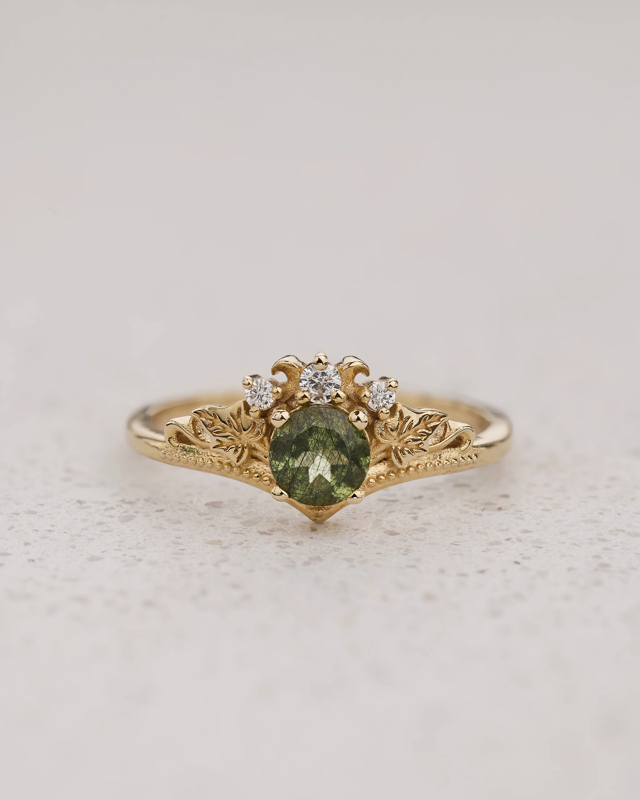 Engagement Ring with Rutile Peridot & Ivy Leaves / Ariadne
