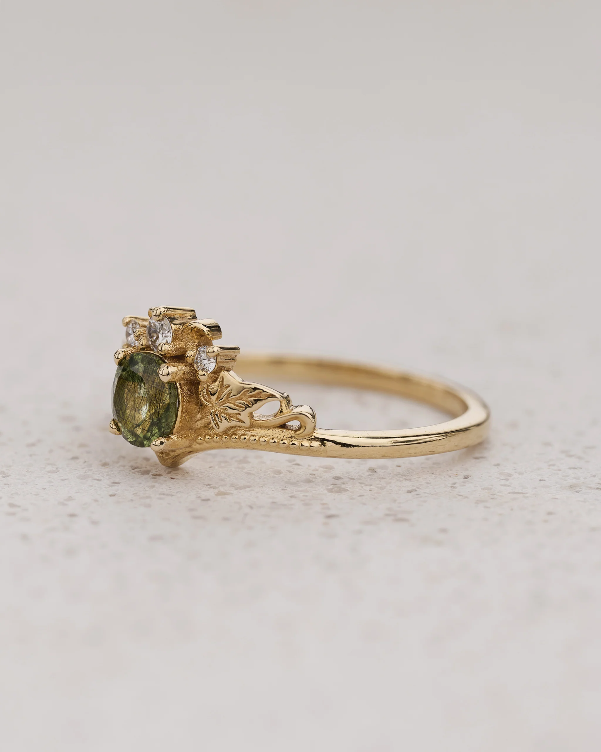 Engagement Ring with Rutile Peridot & Ivy Leaves / Ariadne - Image 2