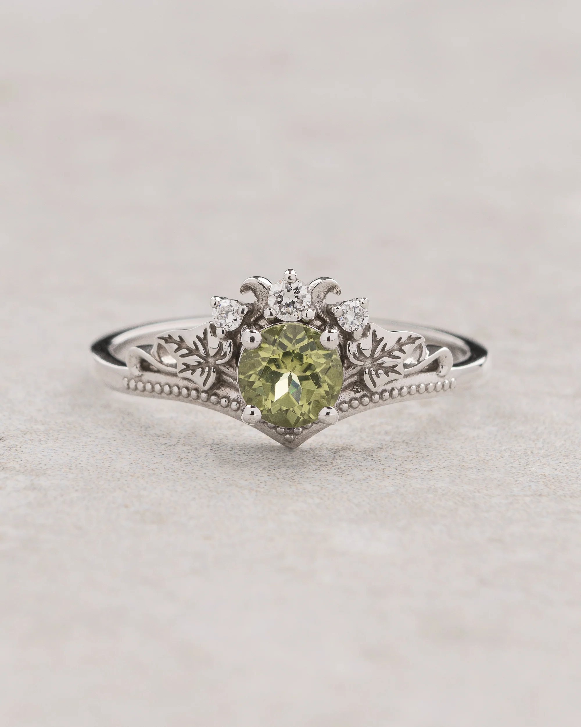 Engagement Ring with Rutile Peridot & Ivy Leaves / Ariadne - Image 4