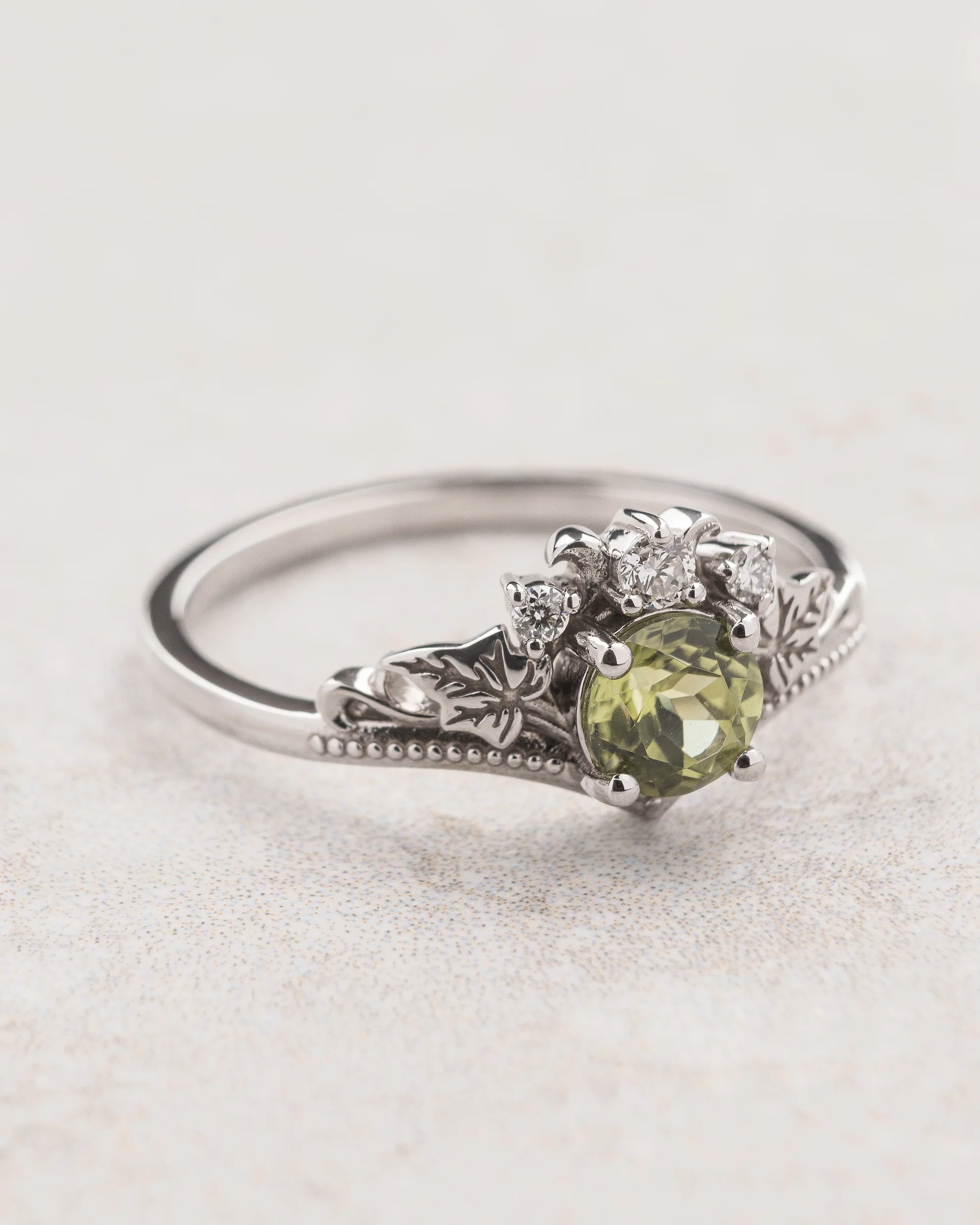 Engagement Ring with Rutile Peridot & Ivy Leaves / Ariadne - Image 5