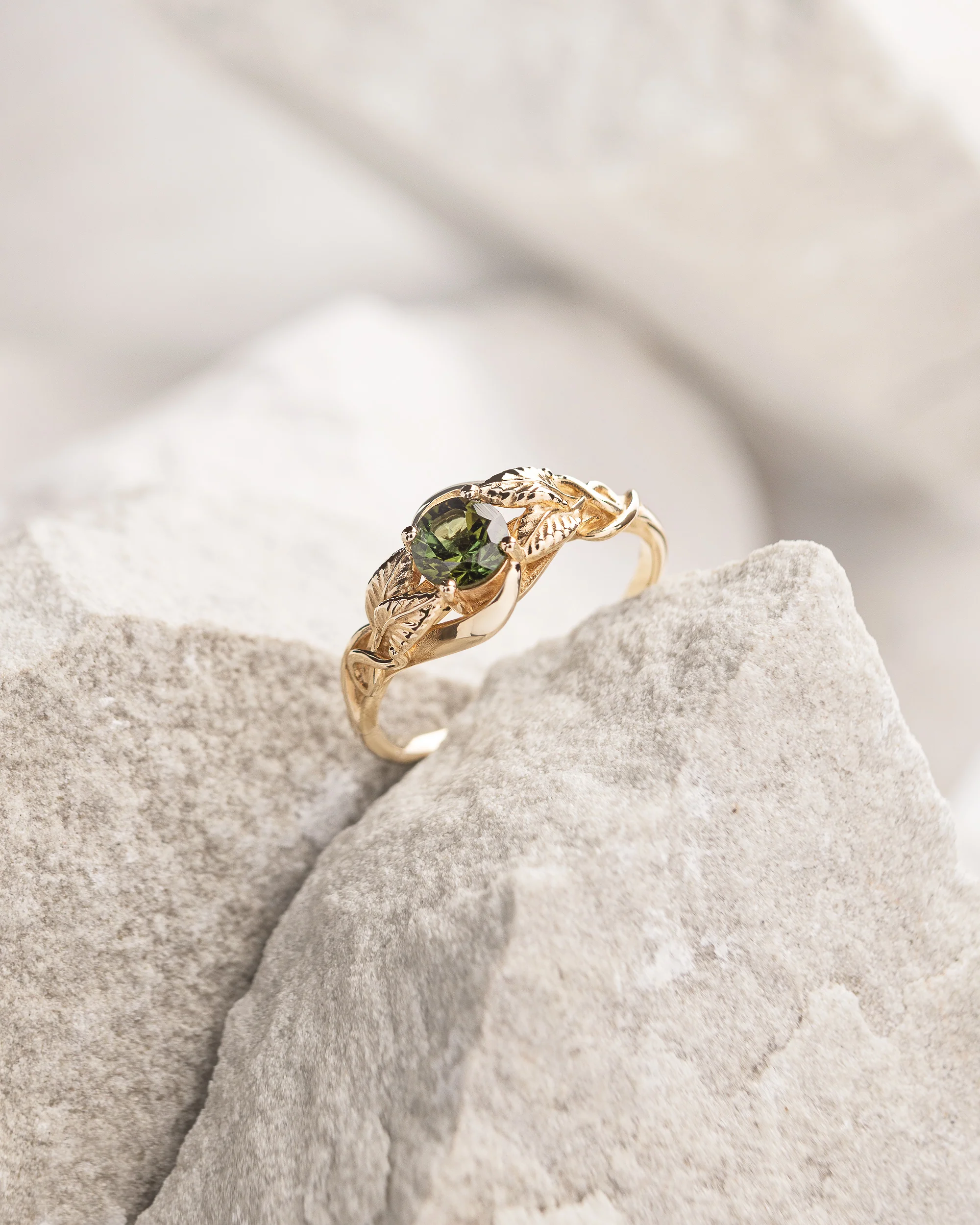 Forest green tourmaline engagement ring with golden leaves / Azalea - Image 4