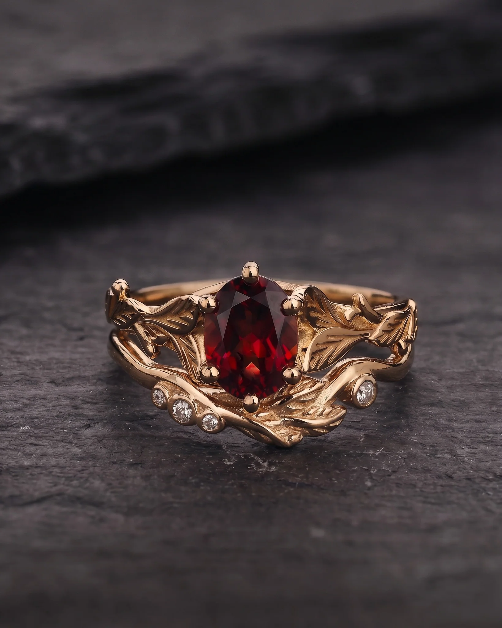 Garnet gold leaves engagement ring set, nature inspired bridal ring set / Freesia