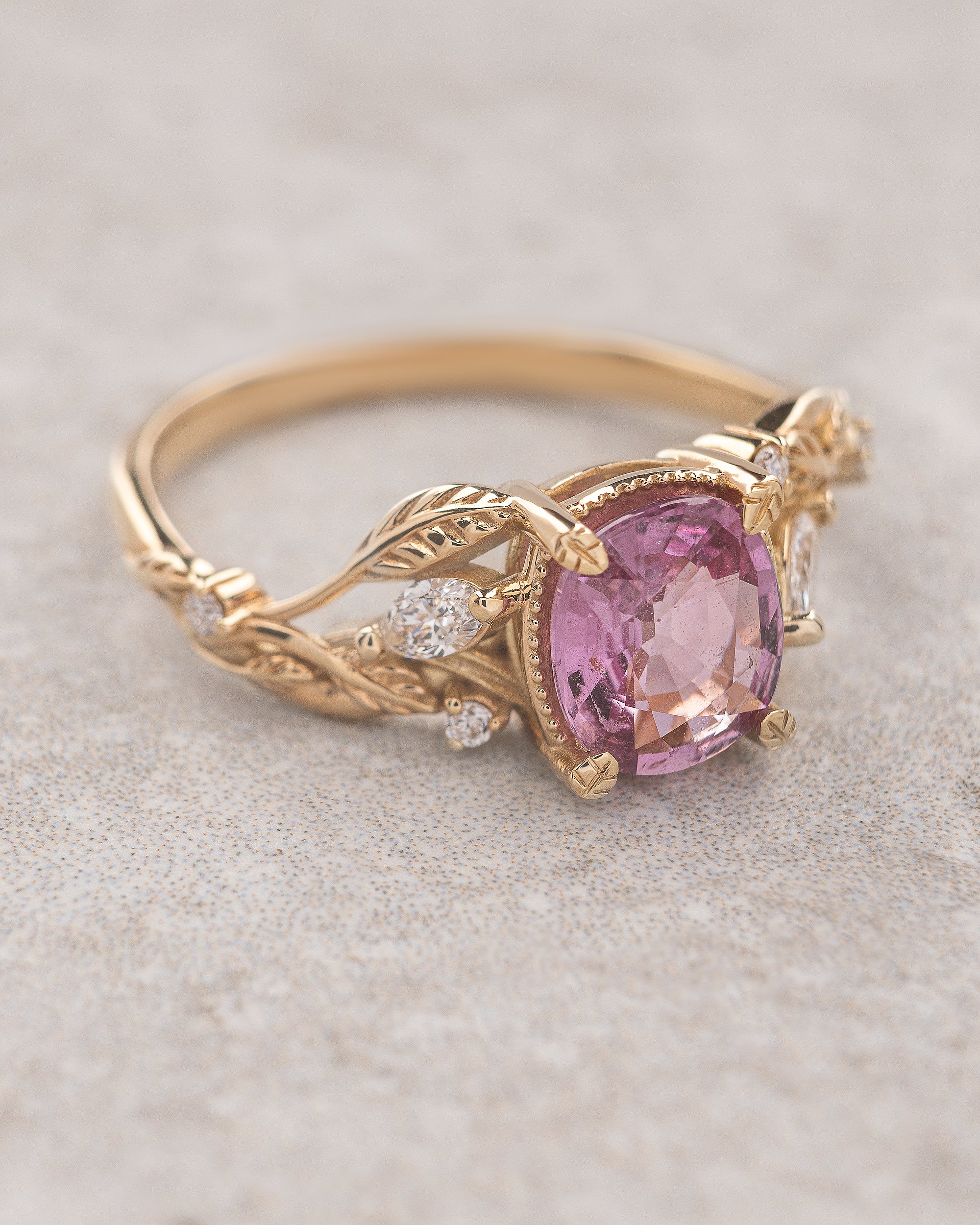 Genuine pink sapphire branch engagement ring, gold leaves and diamonds proposal ring / Patricia - Image 3