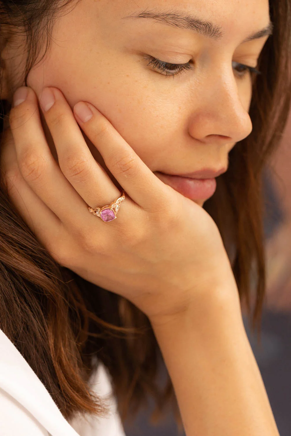 Genuine pink sapphire branch engagement ring, gold leaves and diamonds proposal ring / Patricia - Image 5