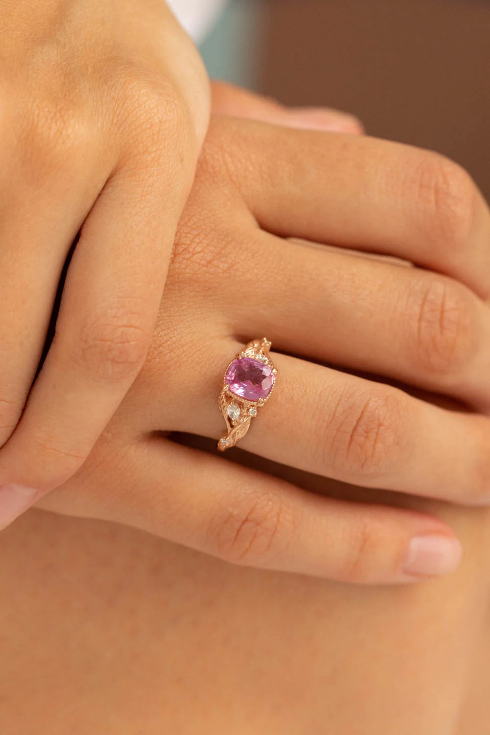 Genuine pink sapphire branch engagement ring, gold leaves and diamonds proposal ring / Patricia - Image 6