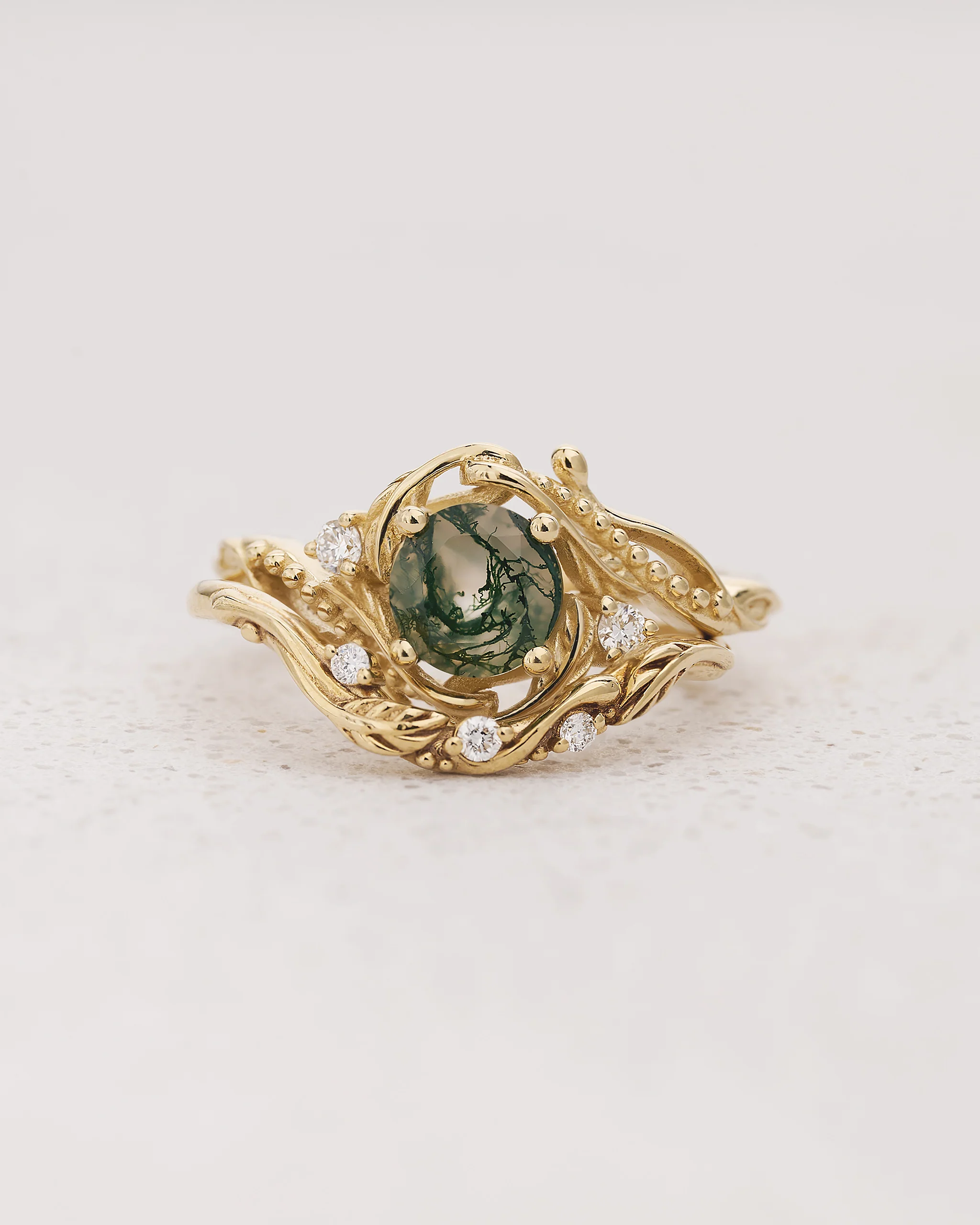 Gold bridal ring set with natural round moss agate and accent diamonds / Undina