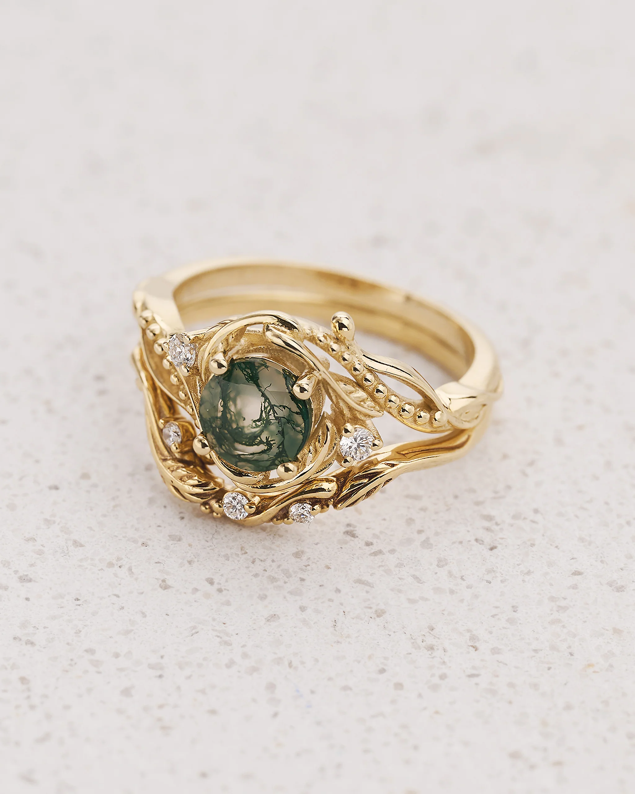 Gold bridal ring set with natural round moss agate and accent diamonds / Undina - Image 3