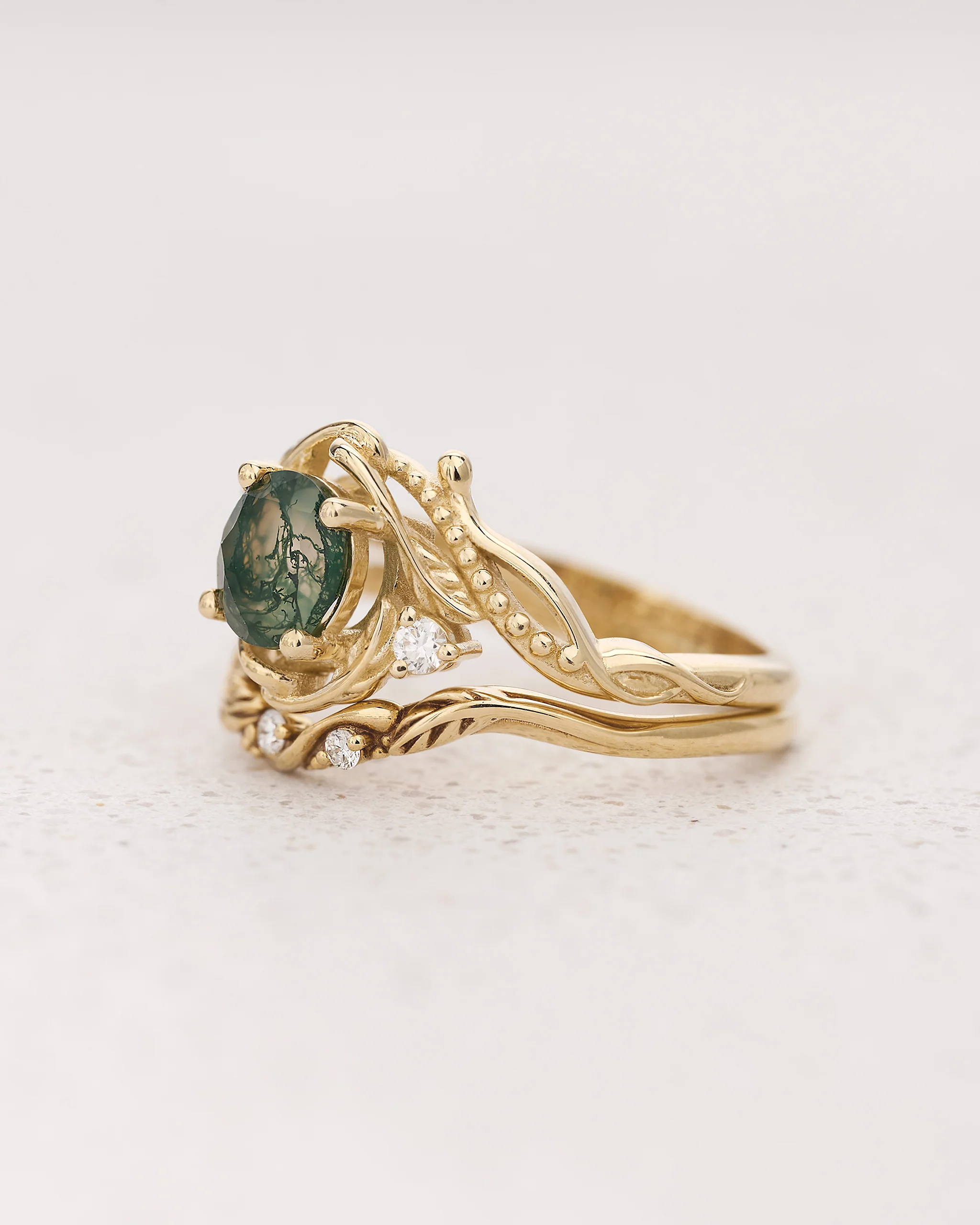 Gold bridal ring set with natural round moss agate and accent diamonds / Undina - Image 4