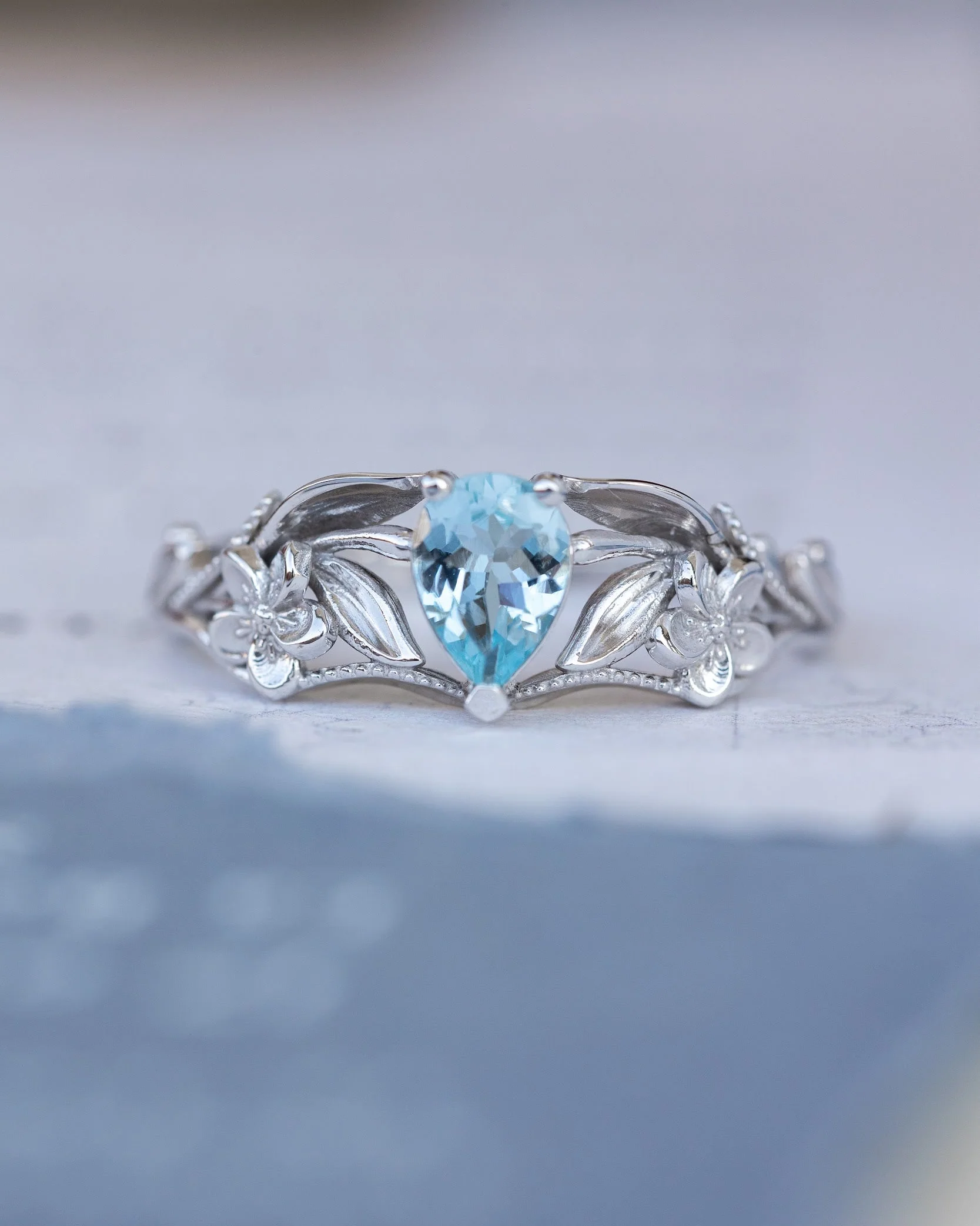 Gold flower engagement ring with natural aquamarine, art nouveau proposal ring / Eloise - Image 4