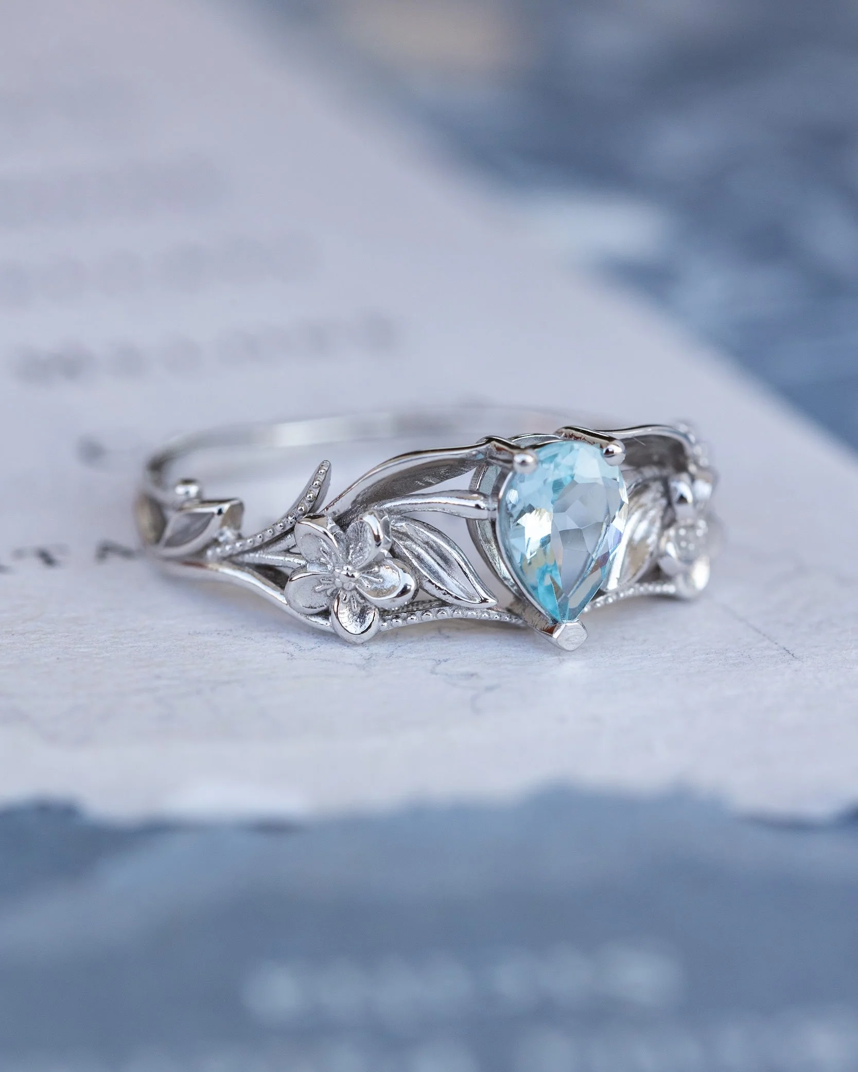 Gold flower engagement ring with natural aquamarine, art nouveau proposal ring / Eloise - Image 5