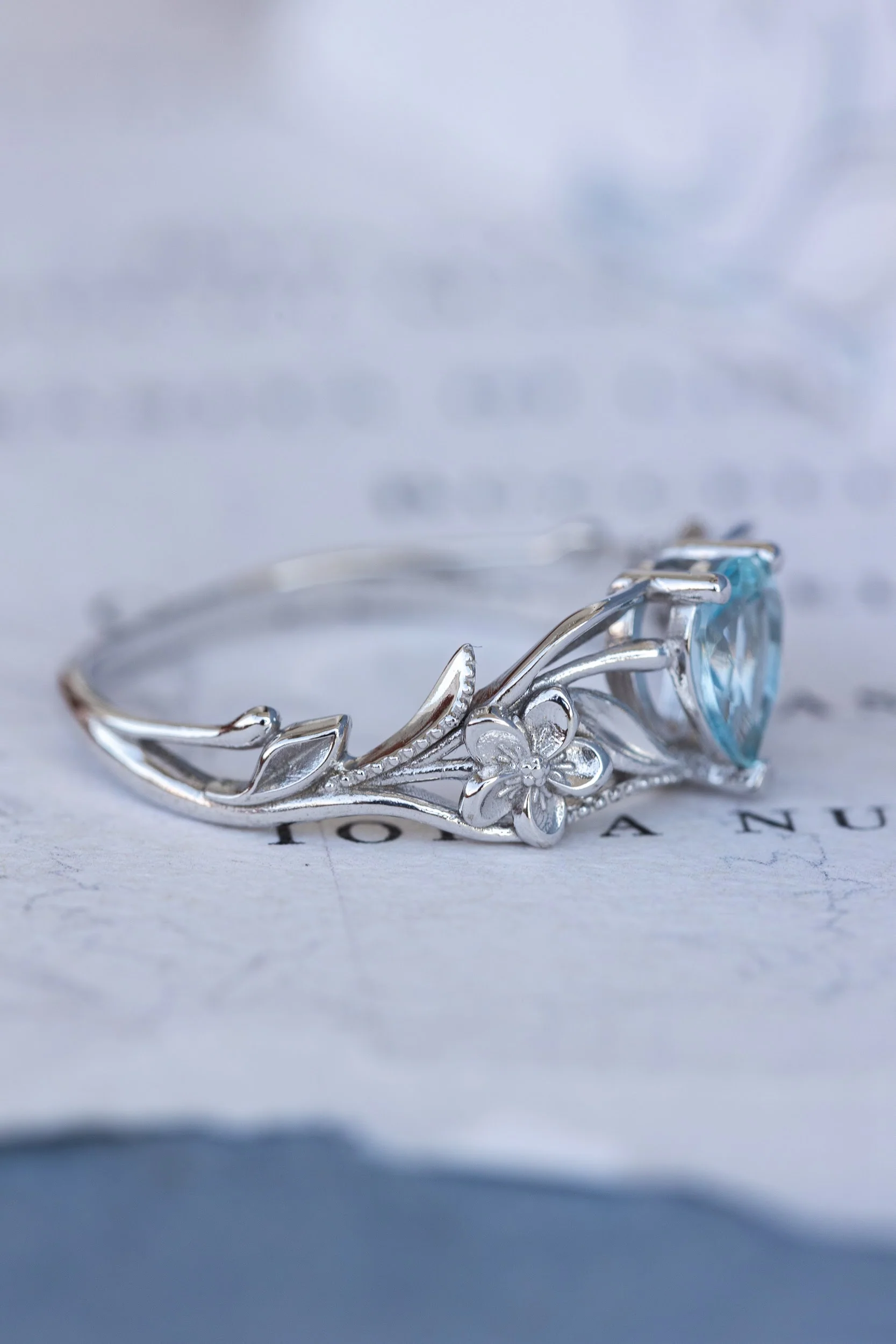 Gold flower engagement ring with natural aquamarine, art nouveau proposal ring / Eloise - Image 6