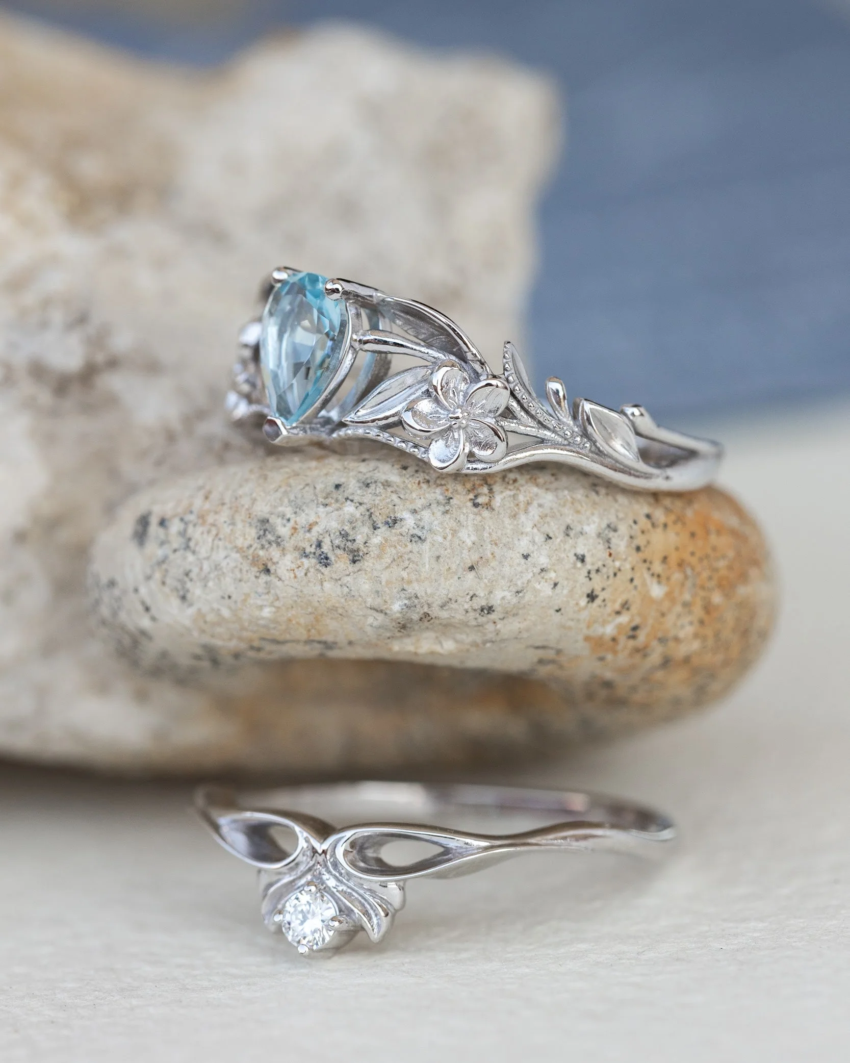 Gold flower engagement ring with natural aquamarine, art nouveau proposal ring / Eloise - Image 7