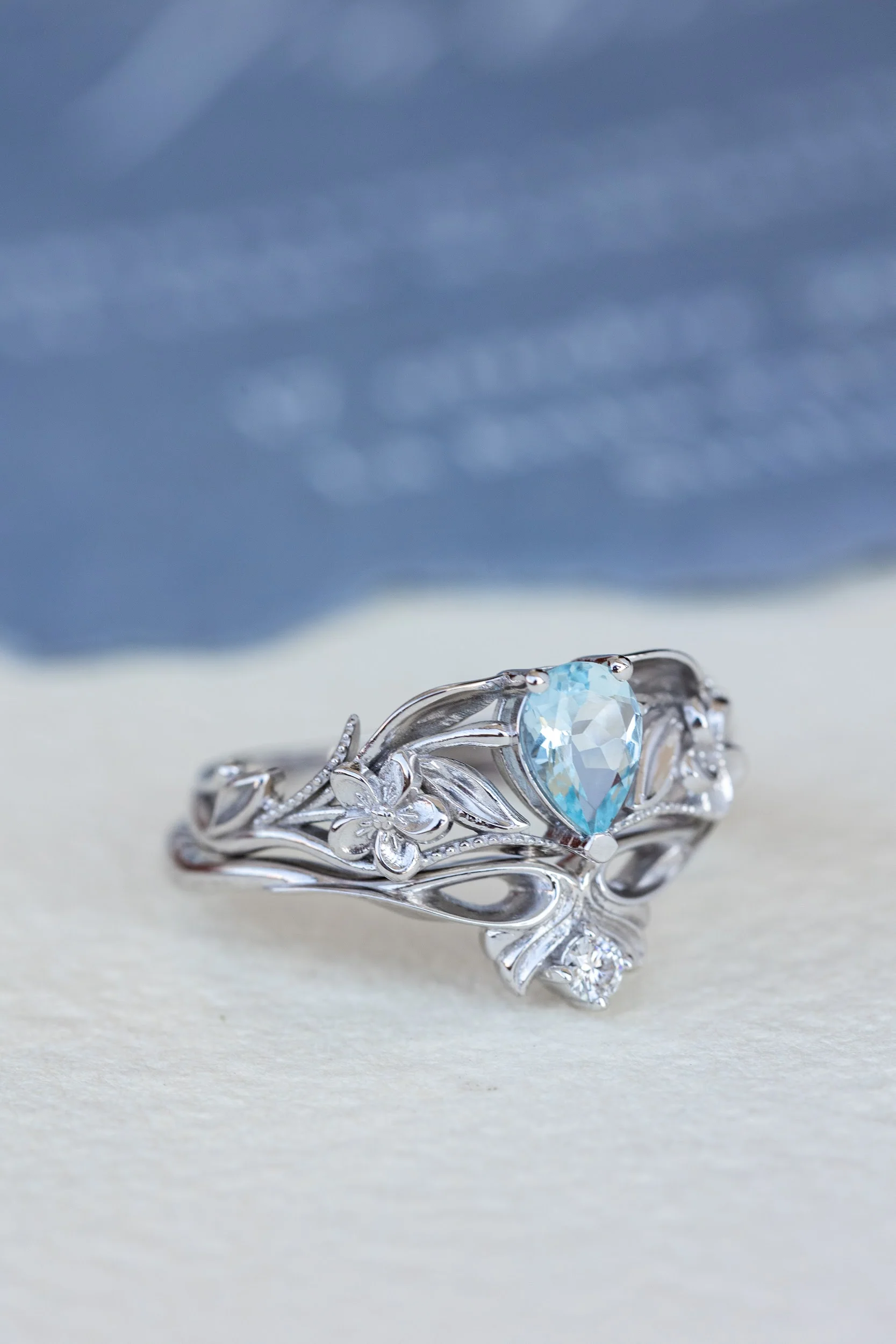 Gold flower engagement ring with natural aquamarine, art nouveau proposal ring / Eloise - Image 8