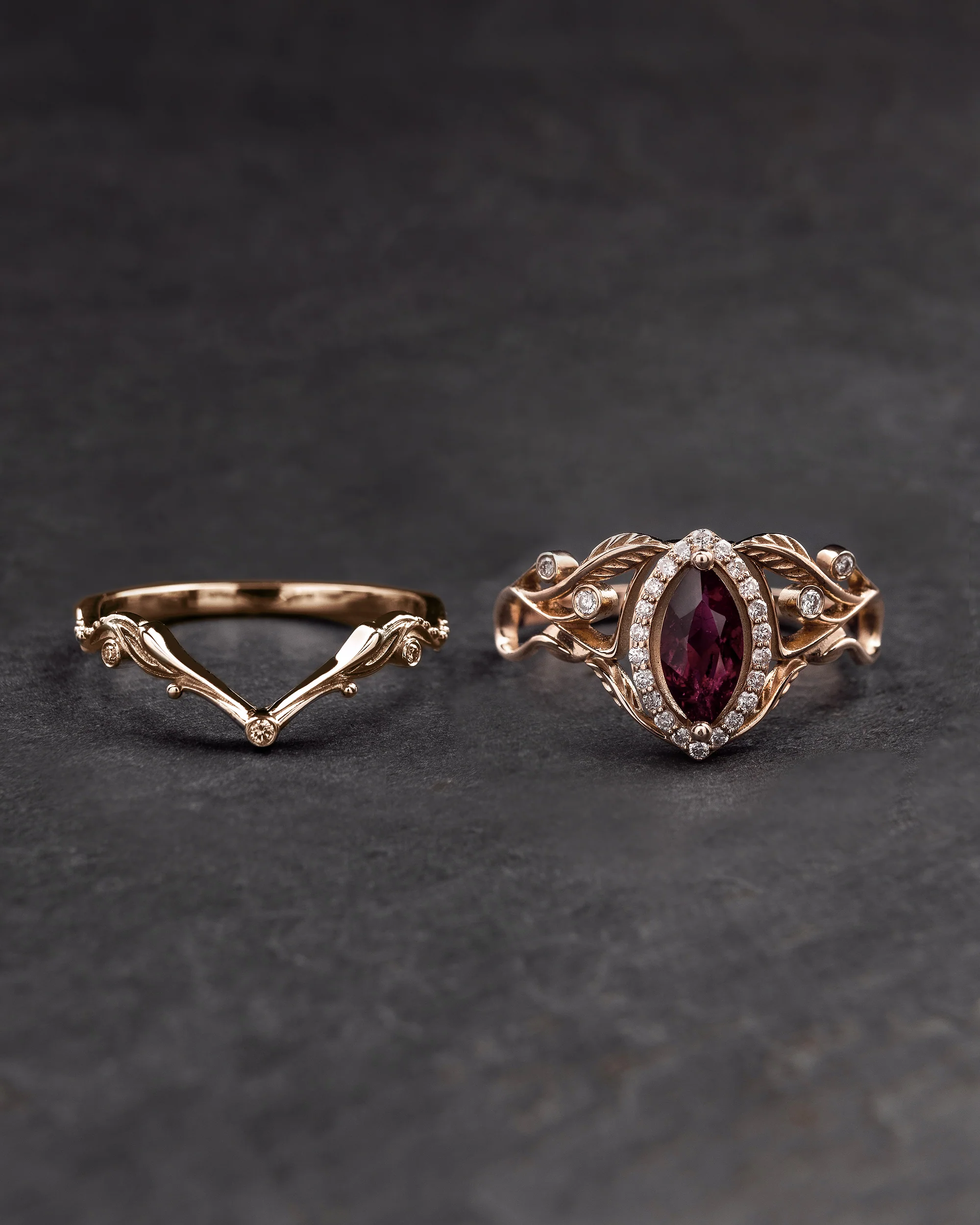 Gothic bridal ring set with passionate pink tourmaline and diamond halo / Callisto - Image 2