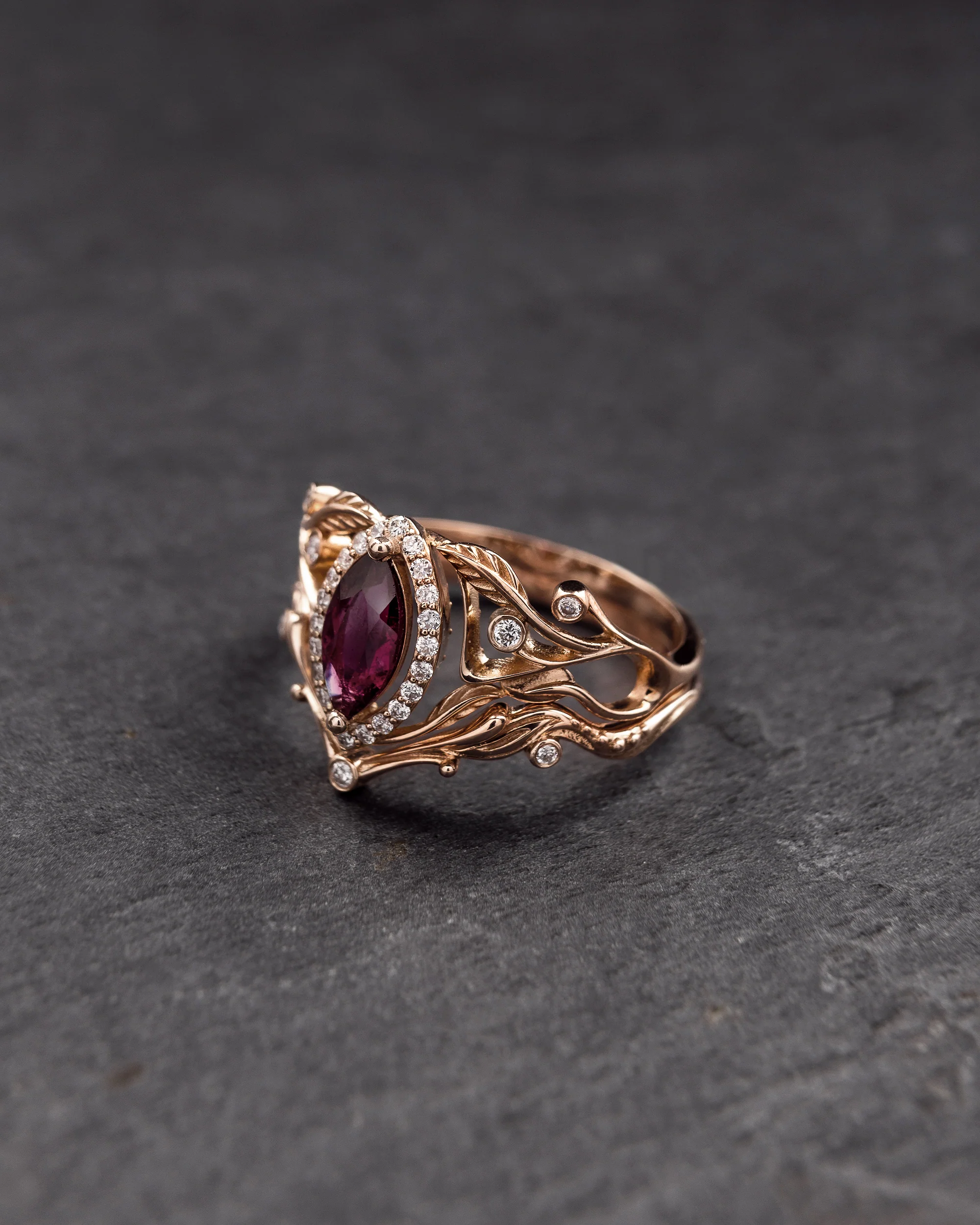 Gothic bridal ring set with passionate pink tourmaline and diamond halo / Callisto - Image 3