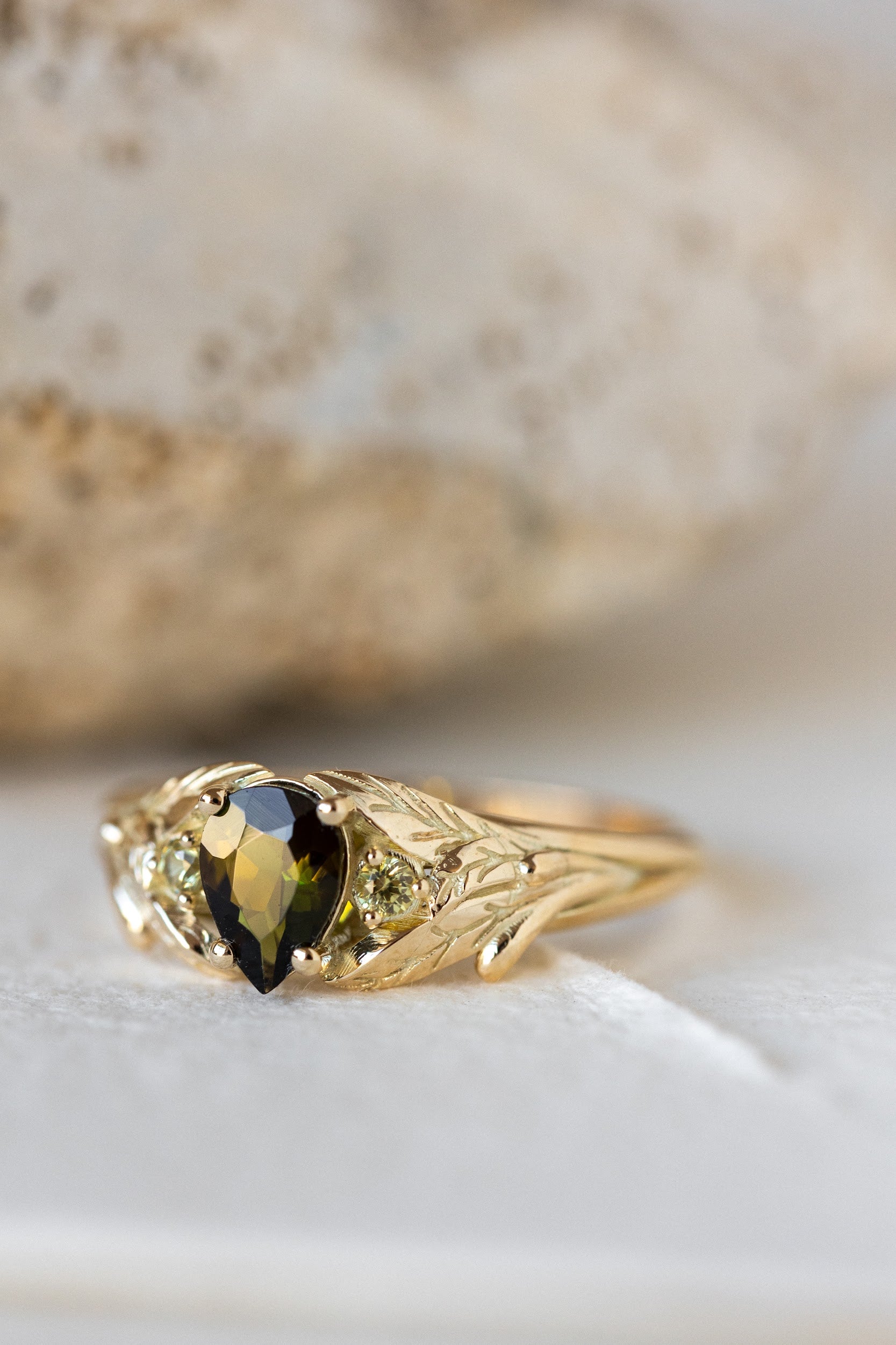 Green tourmaline engagement ring, gold leaf ring with side yellow sapphires / Wisteria - Image 2