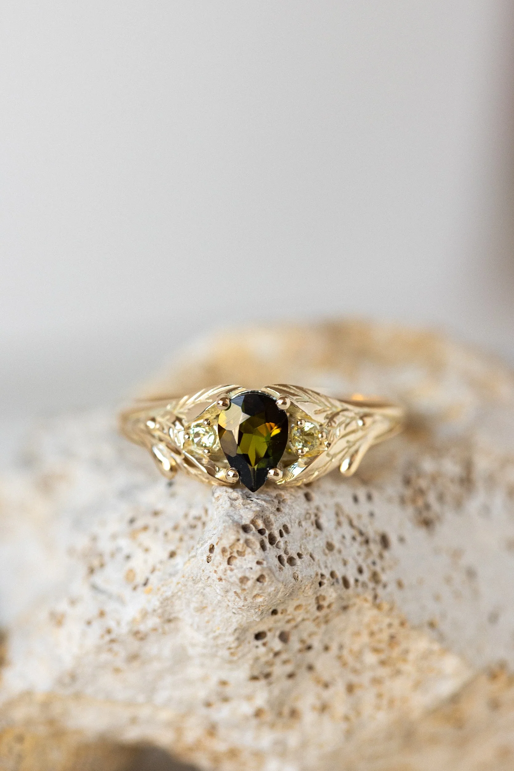 Green tourmaline engagement ring, gold leaf ring with side yellow sapphires / Wisteria - Image 3