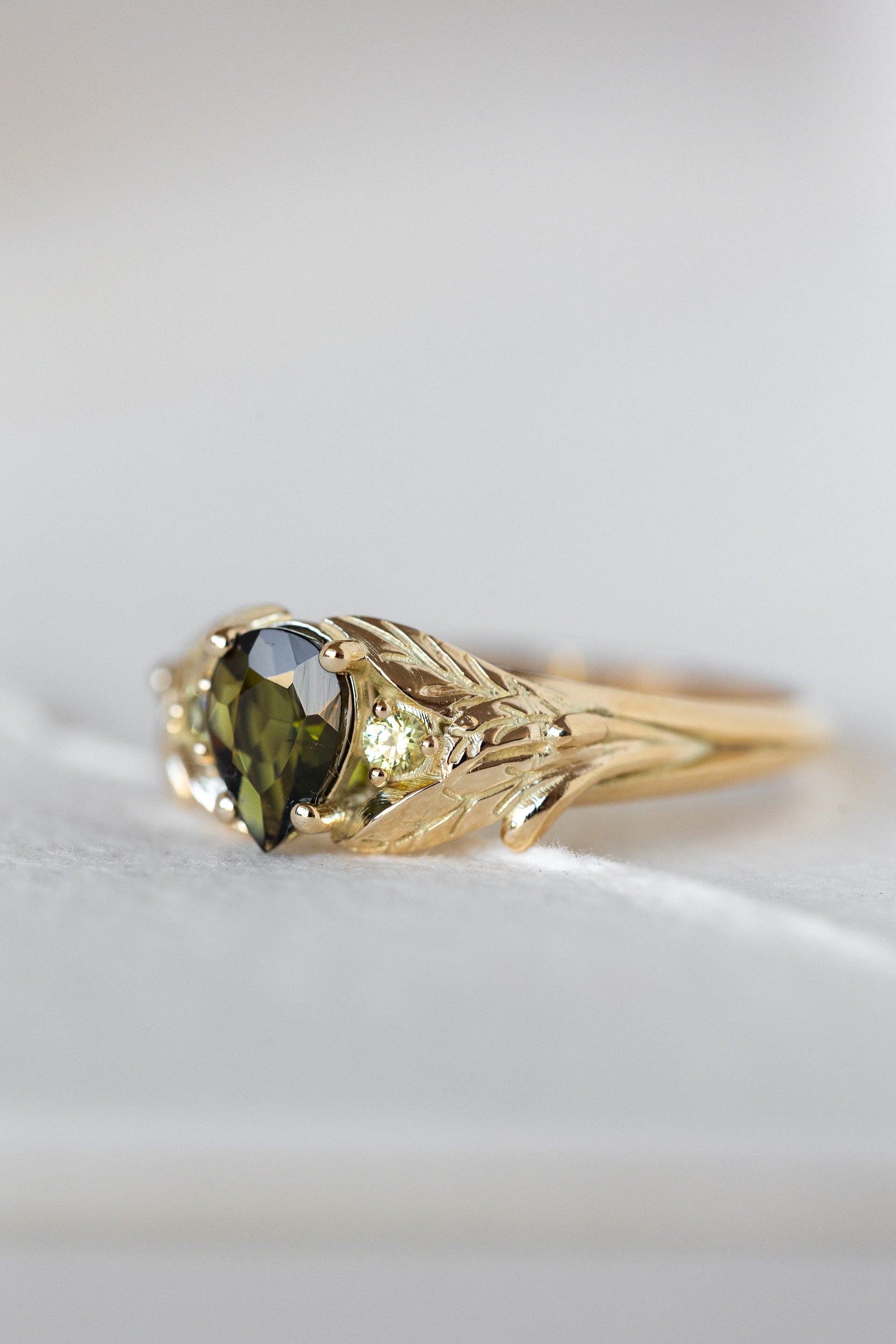 Green tourmaline engagement ring, gold leaf ring with side yellow sapphires / Wisteria - Image 4