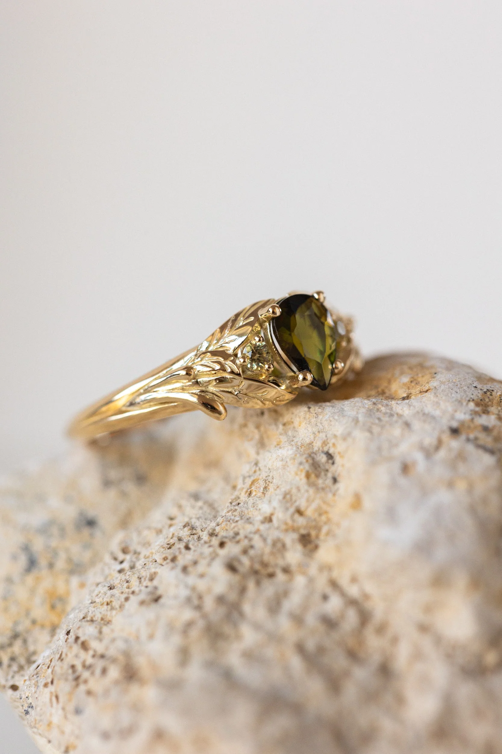 Green tourmaline engagement ring, gold leaf ring with side yellow sapphires / Wisteria - Image 5