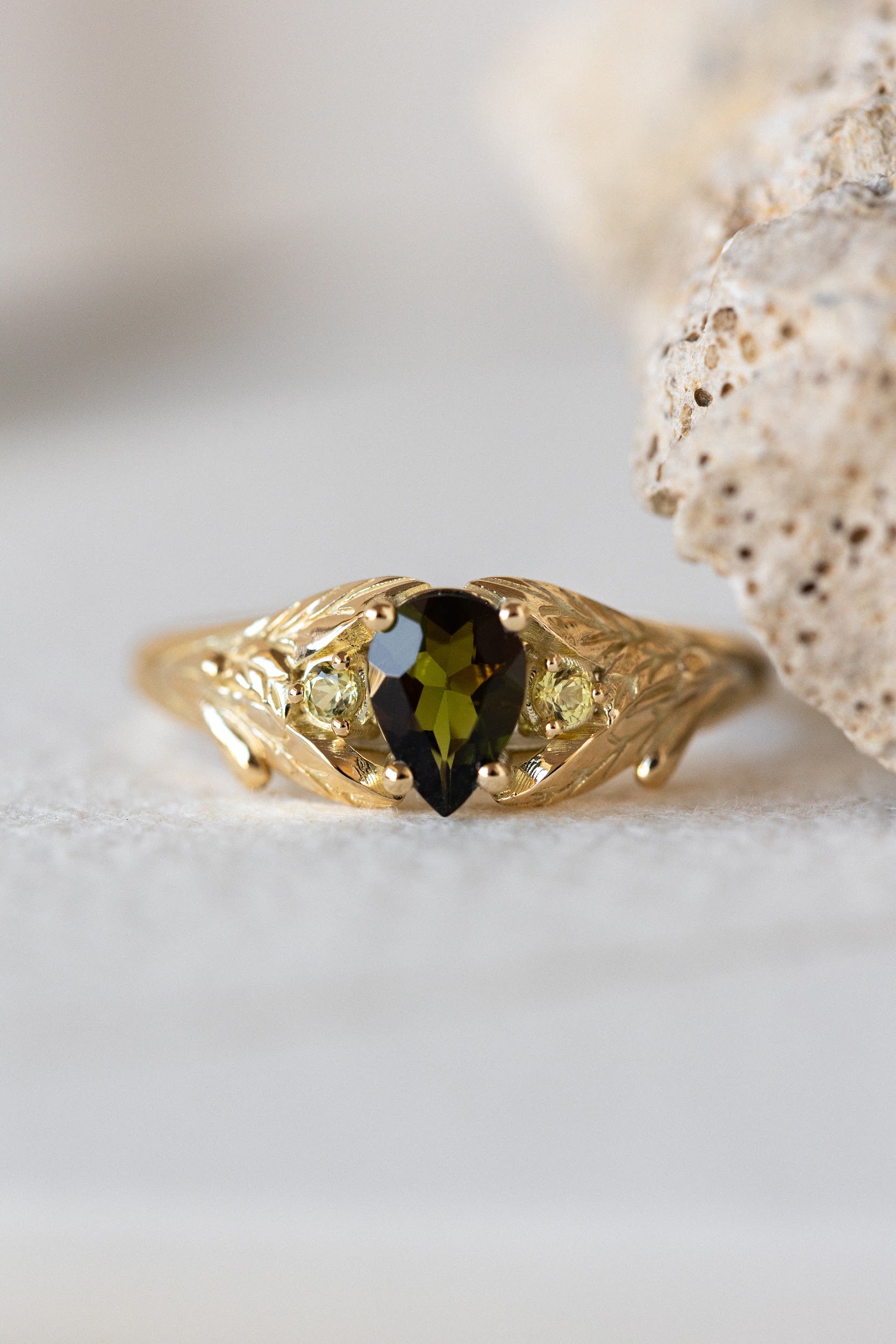 Green tourmaline engagement ring, gold leaf ring with side yellow sapphires / Wisteria - Image 6