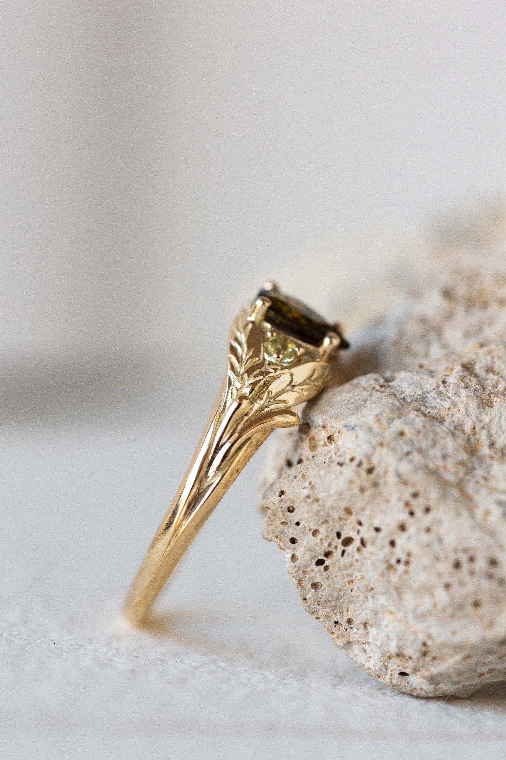 Green tourmaline engagement ring, gold leaf ring with side yellow sapphires / Wisteria - Image 7