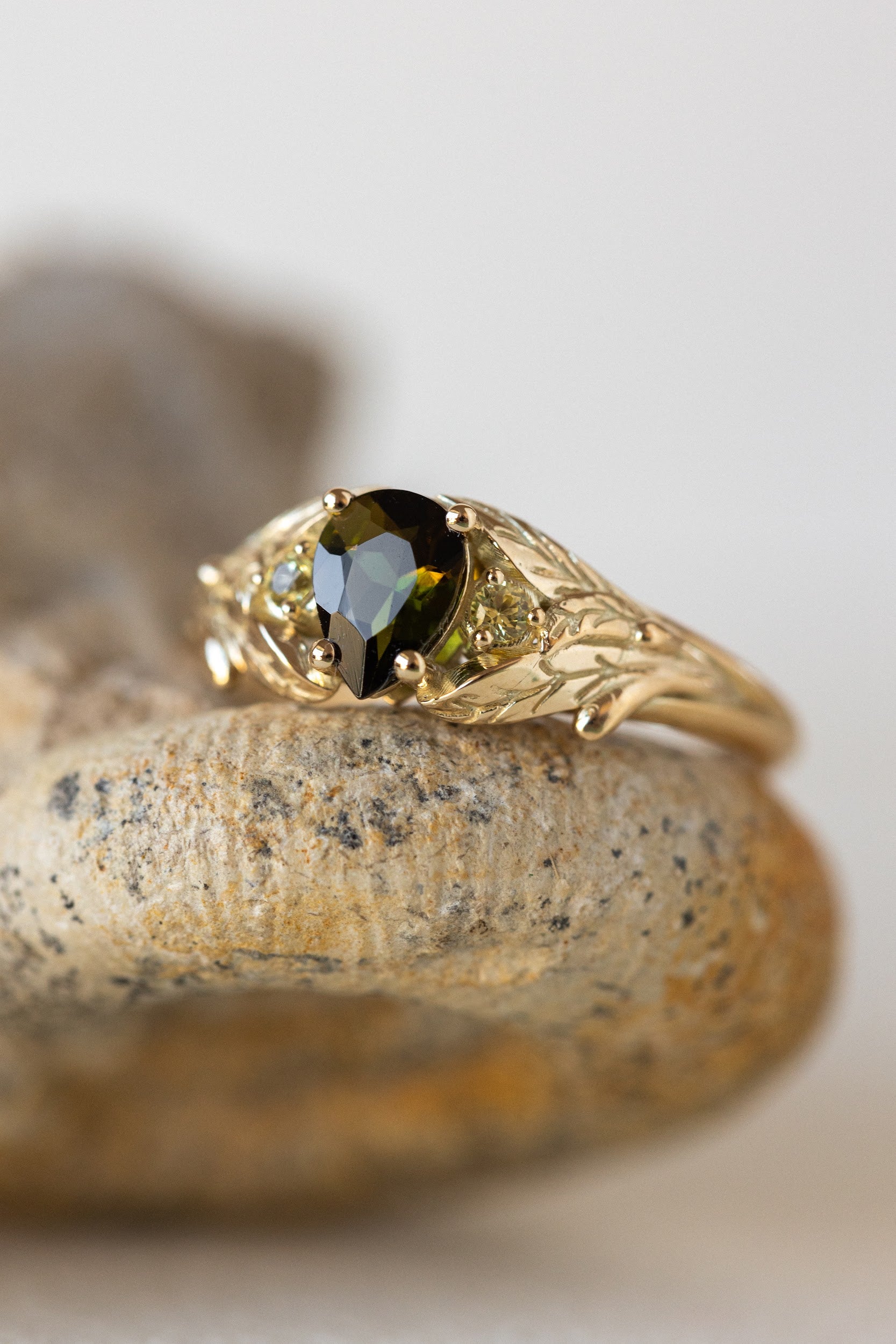 Green tourmaline engagement ring, gold leaf ring with side yellow sapphires / Wisteria - Image 8
