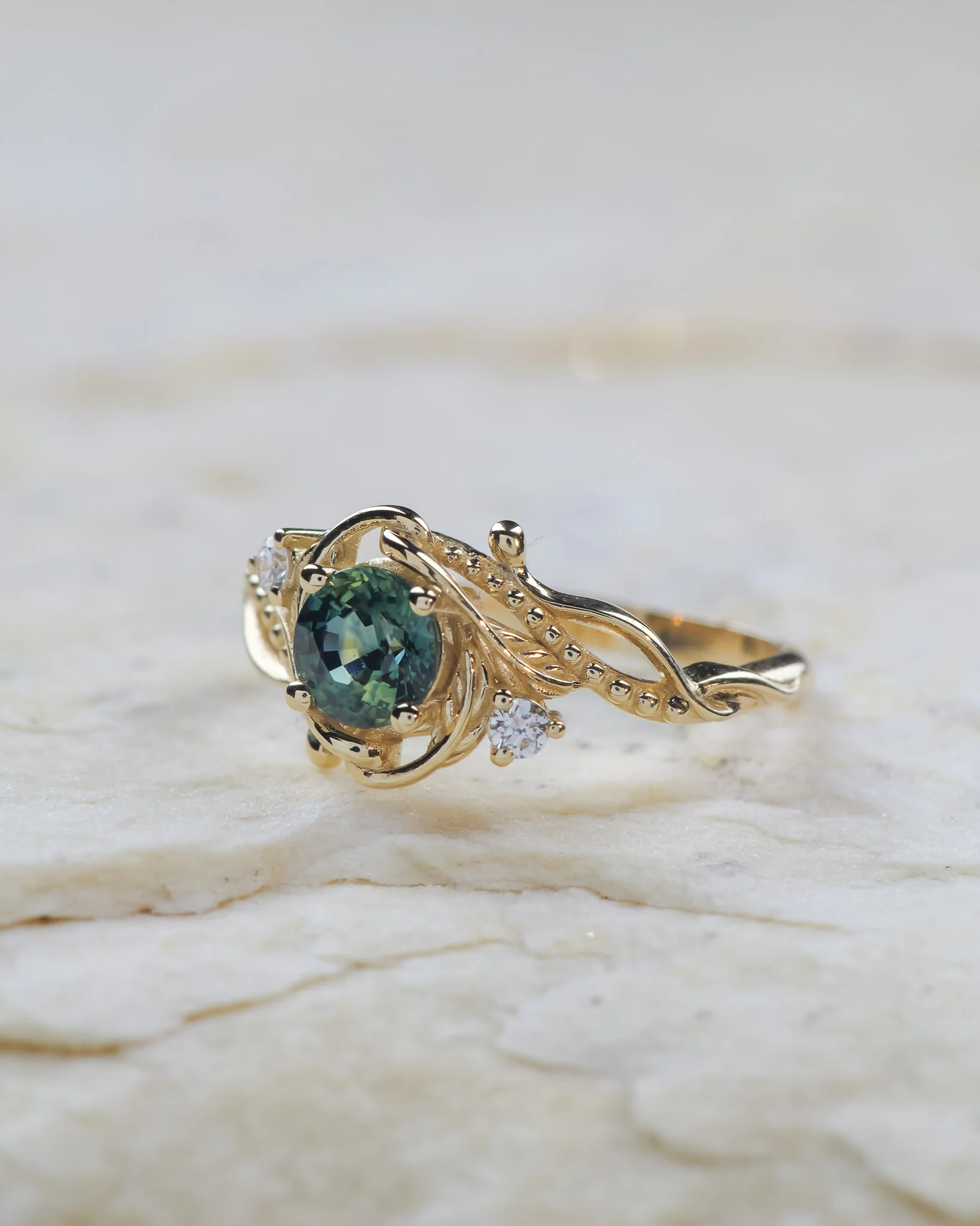 Greenish teal sapphire engagement ring, elvish gold proposal ring / Undina - Image 2