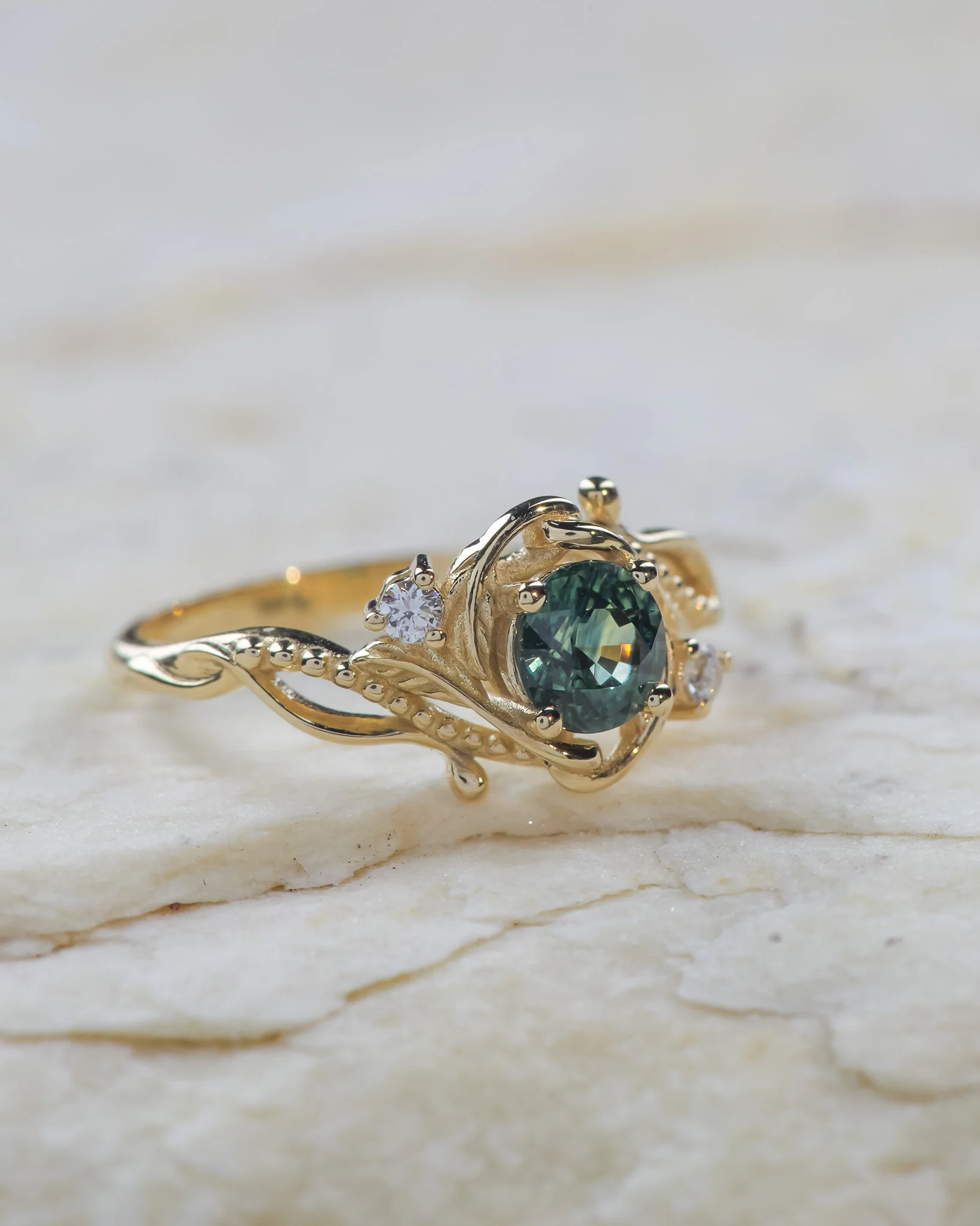 Greenish teal sapphire engagement ring, elvish gold proposal ring / Undina - Image 3