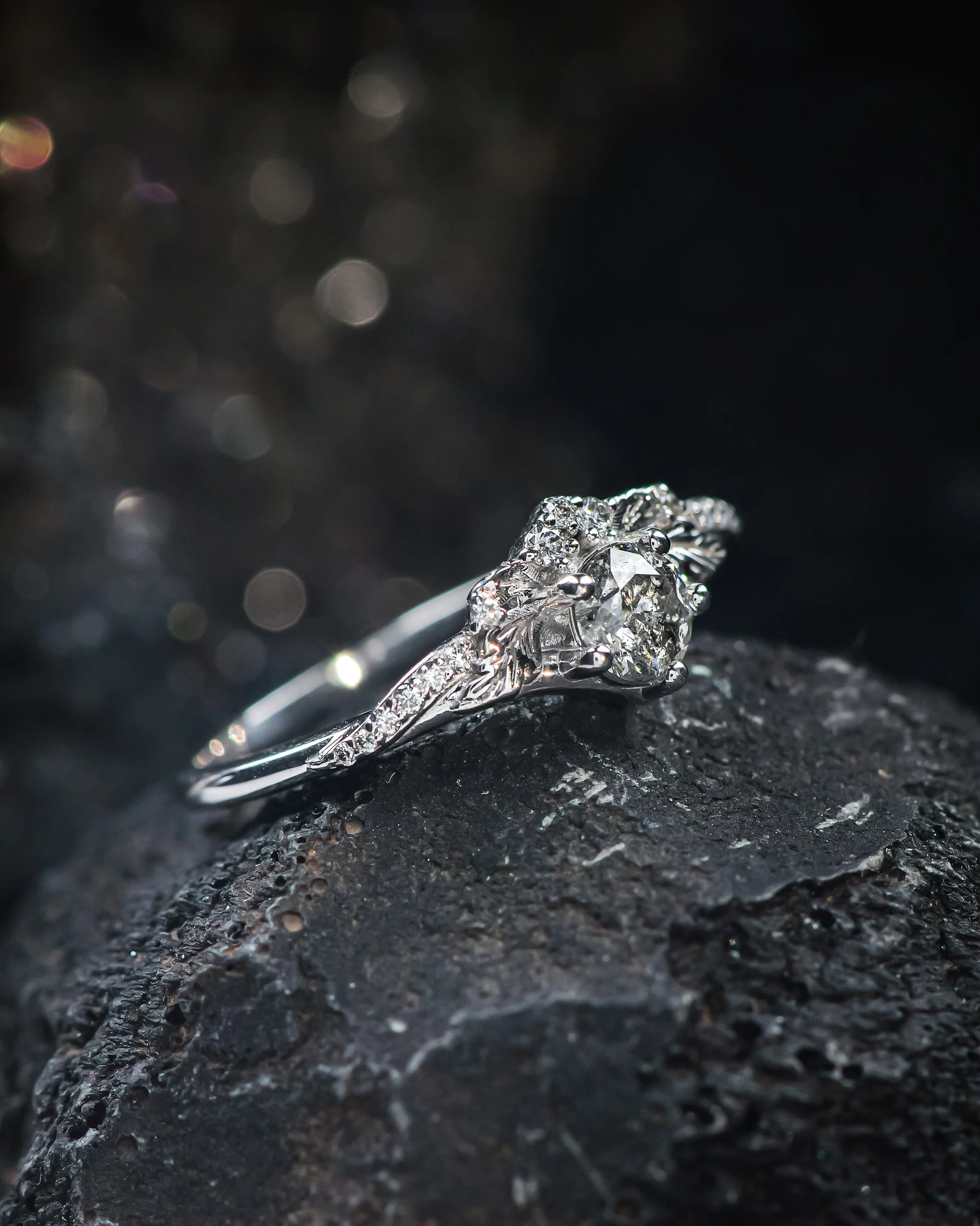 READY TO SHIP Amelia ring in 18K white gold, natural 5mm salt & pepper diamond and accent diamonds, RING SIZE 7 - 10 US - Image 3