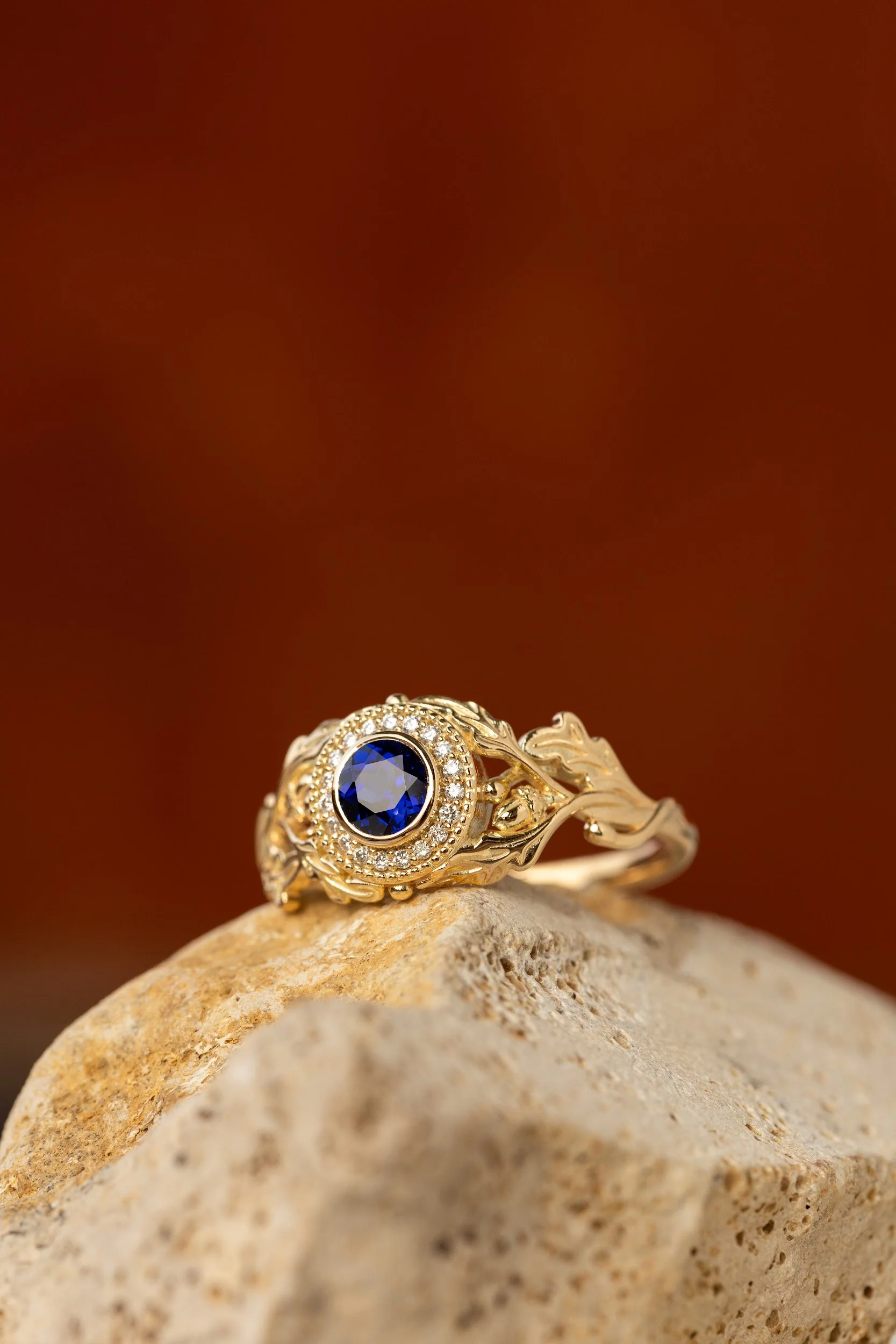 Halo diamond and lab blue sapphire engagement ring, celtic ring with oak leaves and diamonds / Dair - Image 10