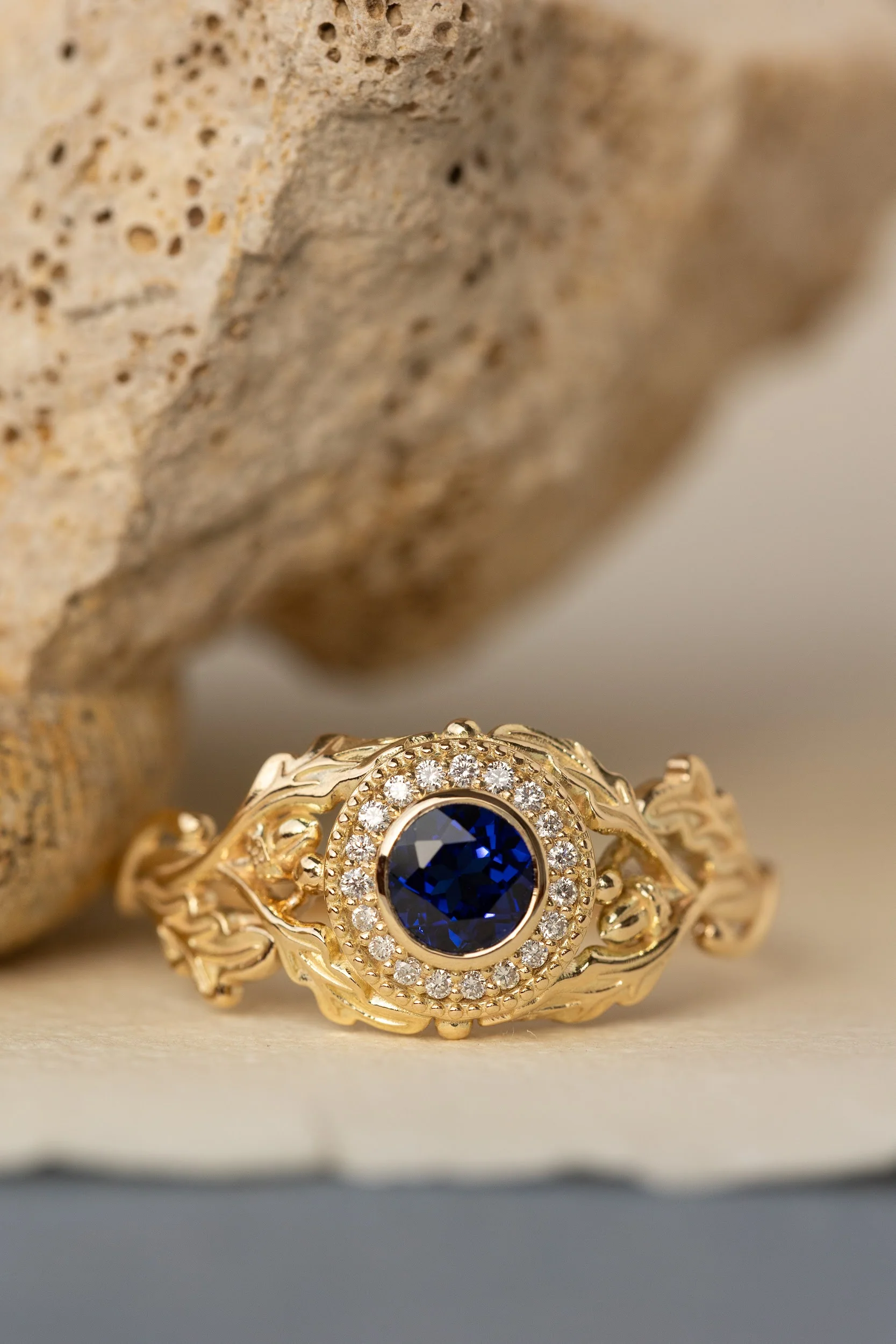 Halo diamond and lab blue sapphire engagement ring, celtic ring with oak leaves and diamonds / Dair - Image 2