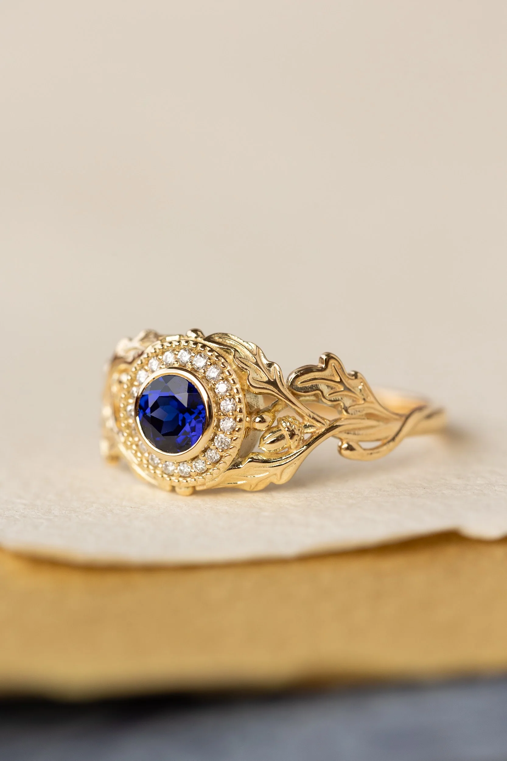 Halo diamond and lab blue sapphire engagement ring, celtic ring with oak leaves and diamonds / Dair - Image 3