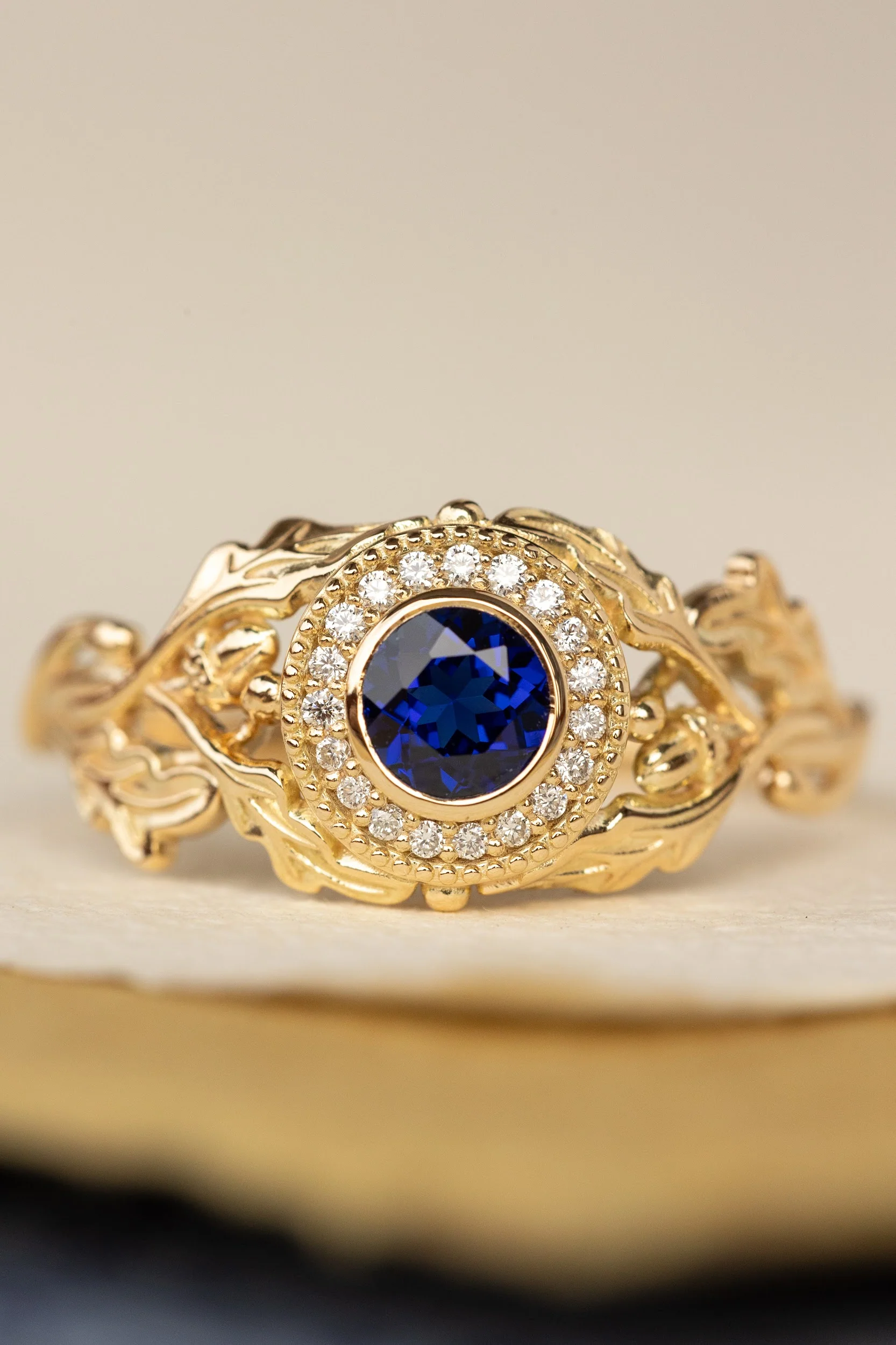 Halo diamond and lab blue sapphire engagement ring, celtic ring with oak leaves and diamonds / Dair - Image 4