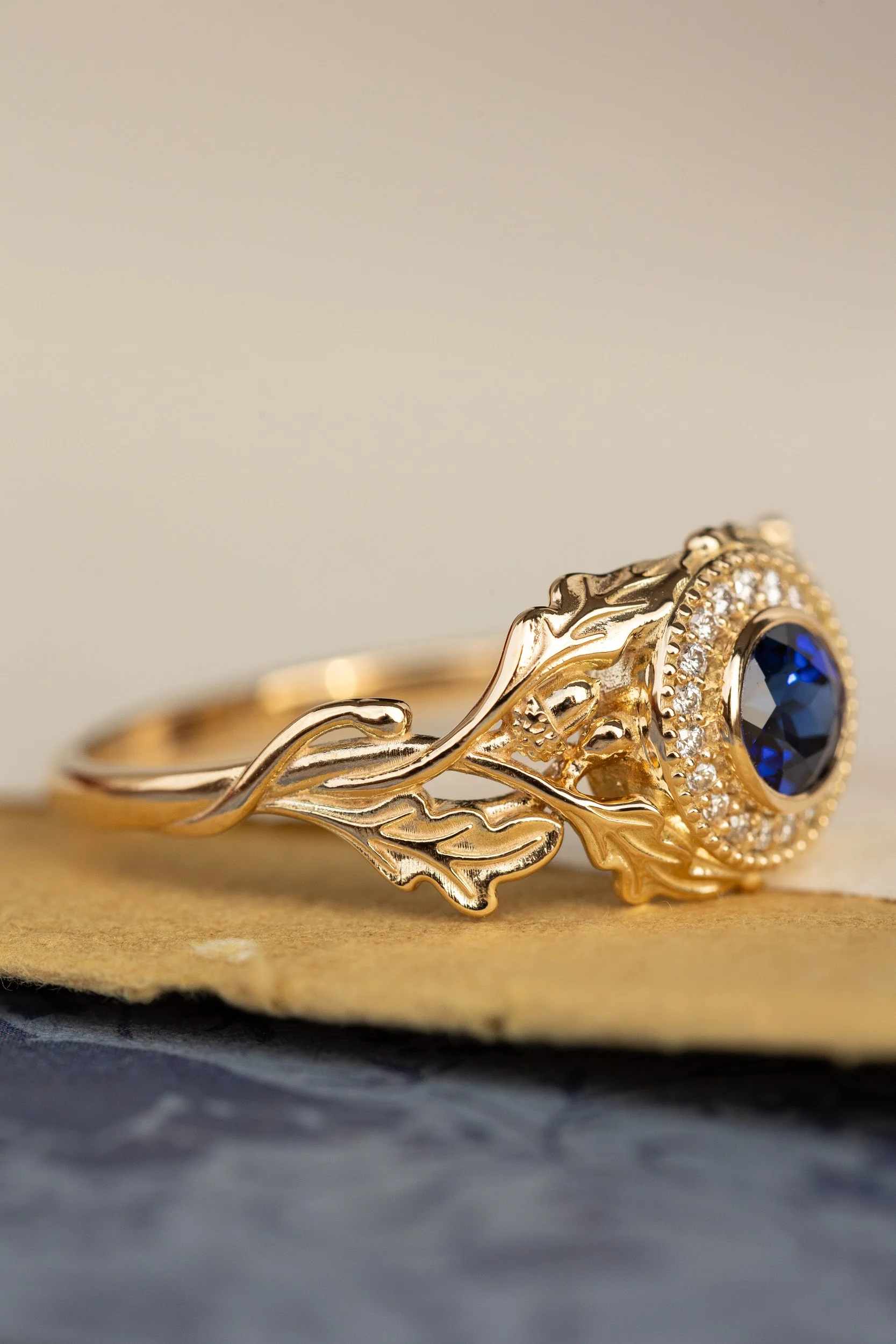 Halo diamond and lab blue sapphire engagement ring, celtic ring with oak leaves and diamonds / Dair - Image 5