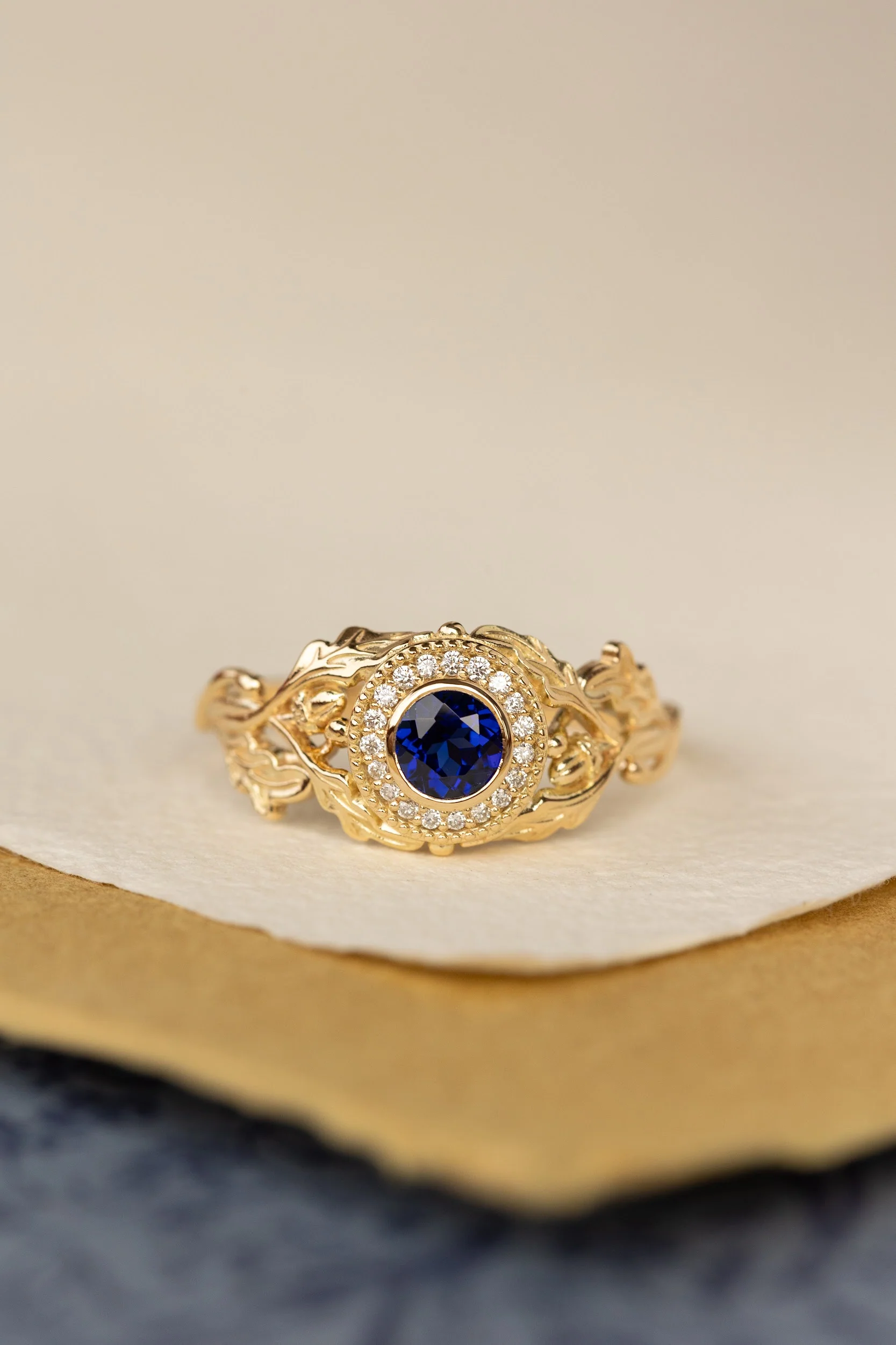 Halo diamond and lab blue sapphire engagement ring, celtic ring with oak leaves and diamonds / Dair - Image 6